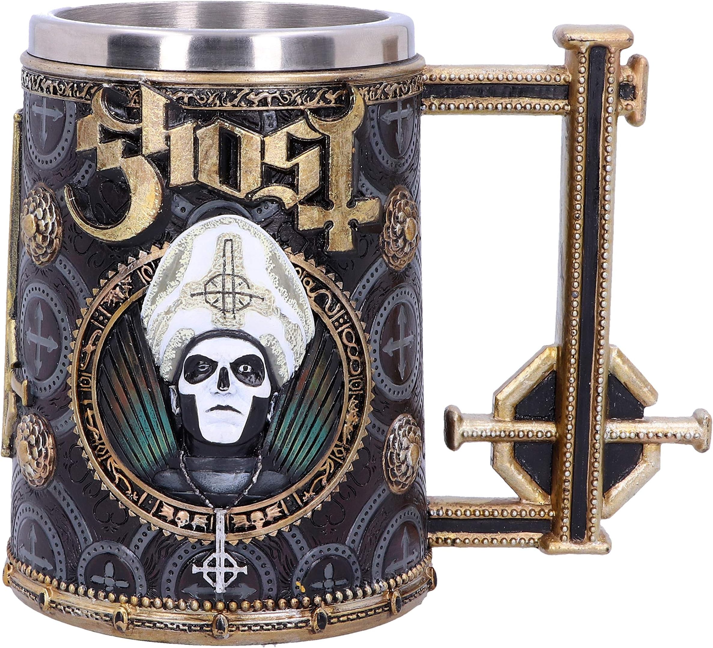 Nemesis Now Licensed Ghost Papa Emeritus III Meliora Gold Tankard, Resin w. Stainless Steel