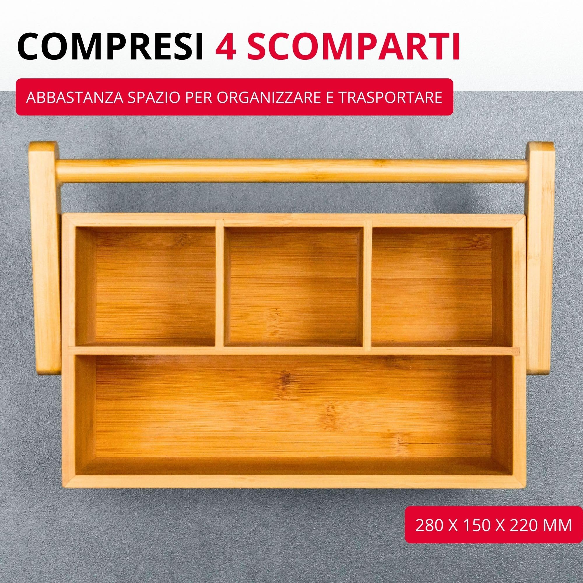 Westmark Cestino portaoggetti da cucina, 4 scomparti, Con maniglia, Dimensioni: 28 x 15 x 22 cm, Bambù, Tapas + Friends, Marrone chiaro, 69802270