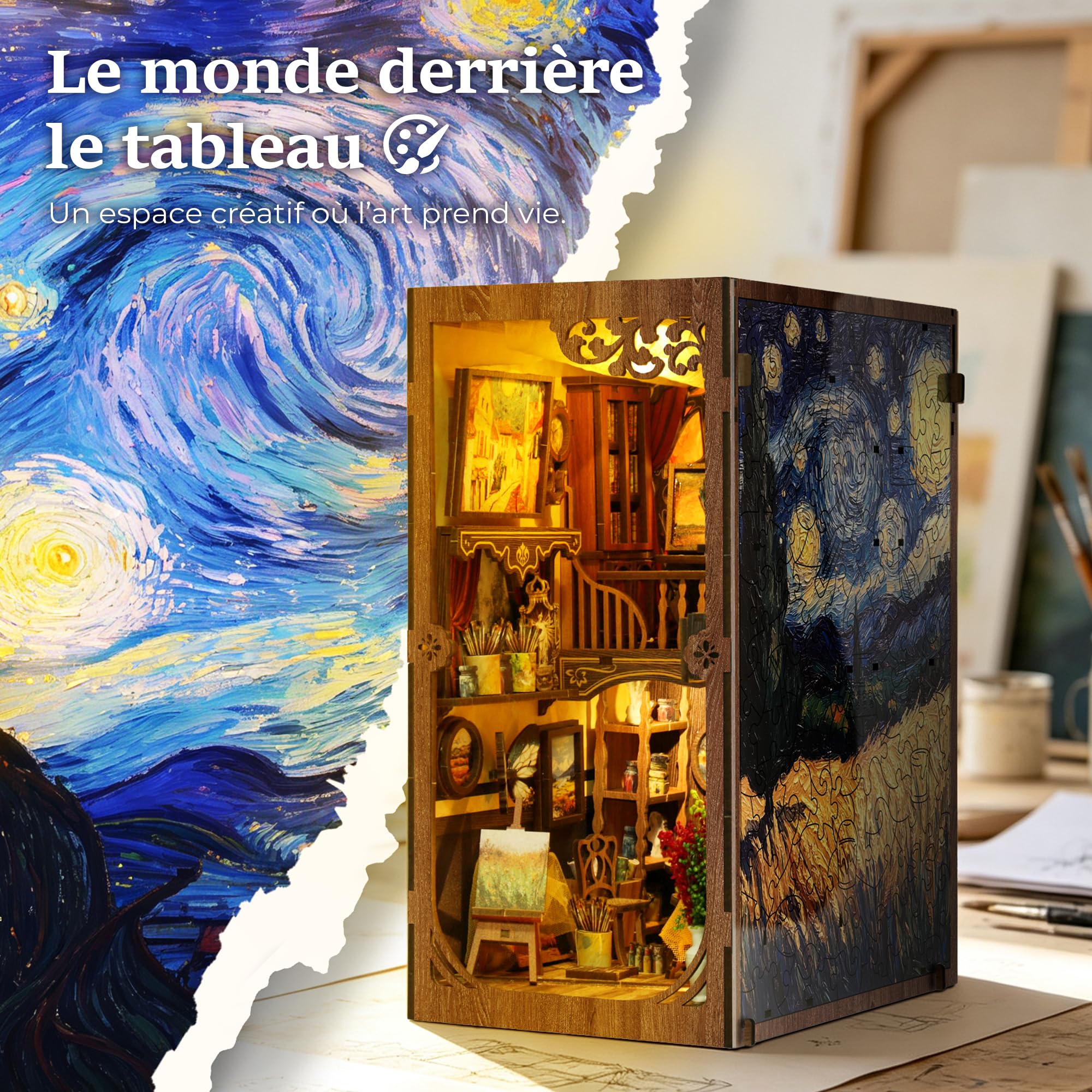 Book Nook Atelier d’Artiste en Bois avec LED, Puzzle 3D DIY