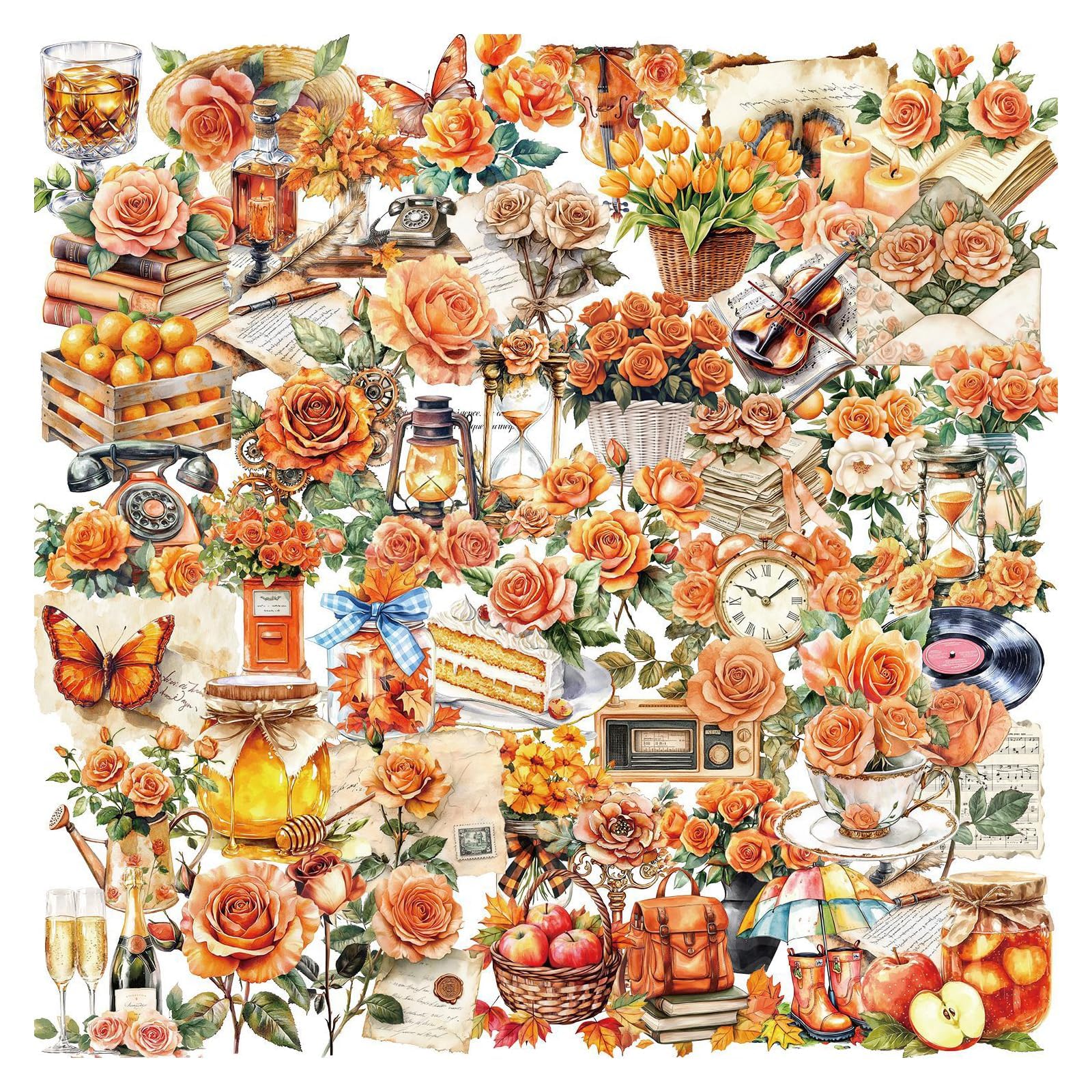 50 Pcs Orange Flower Stickers,Epistle Sticker,Waterproof Vinyl Epistle Sticker,Cartoon Floral Stickers,Vintage Aesthetic Scrapbook Stickers,for Skateboard Computer Phone Decals