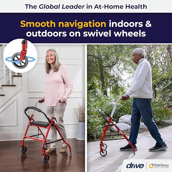 Drive Medical 1239RD Foldable Rollator Walker with Seat, Red, 1 Count