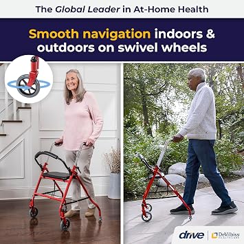 Drive Medical 1239RD Foldable Rollator Walker with Seat, Red, 1 Count