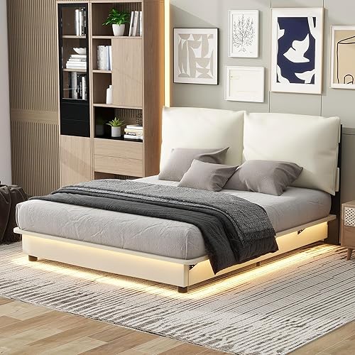 Miniatura 131 de Base de cama flotante tamaño Queen con luces LED y carga USB, marco de cama LED de plataforma tapizada moderna, no necesita somier (blanco-1)