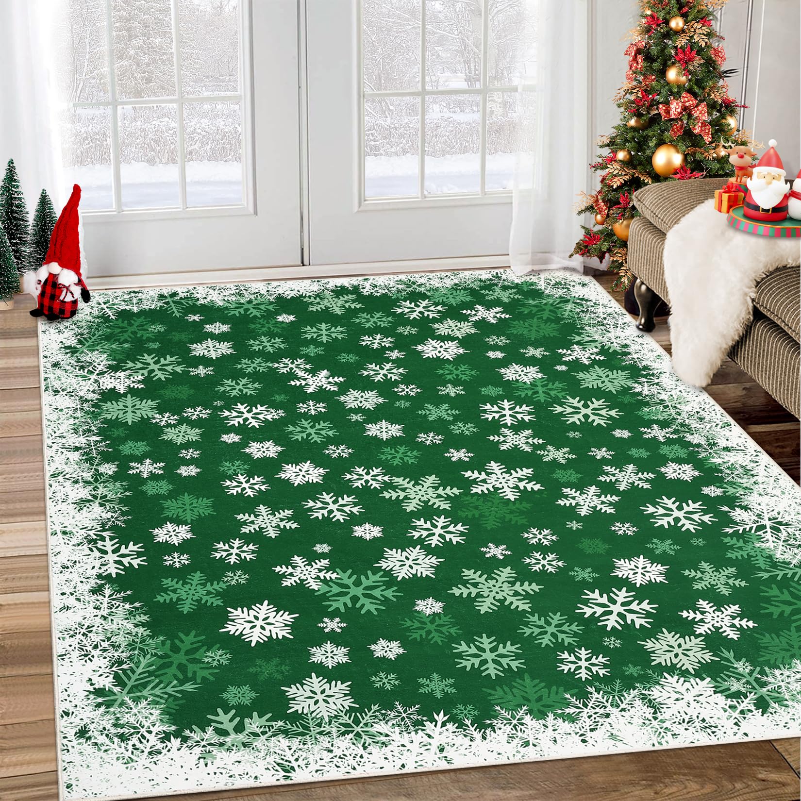 GarveeHome Christmas Rug 5x7 Snowflake Winter Area Rug Non-Slip Backing, Stain Resistant Ultra-Thin Washable Rug for Christmas Decor, Green