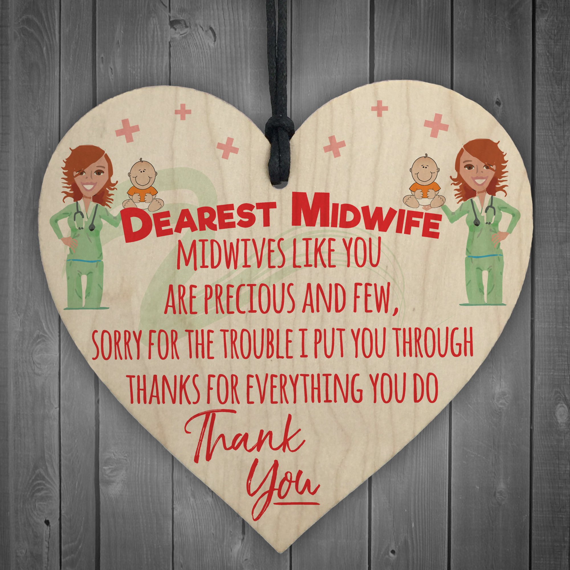 Red Ocean Dearest Midwife Thank You For Everything Wooden Hanging Heart Plaque Gift Sign