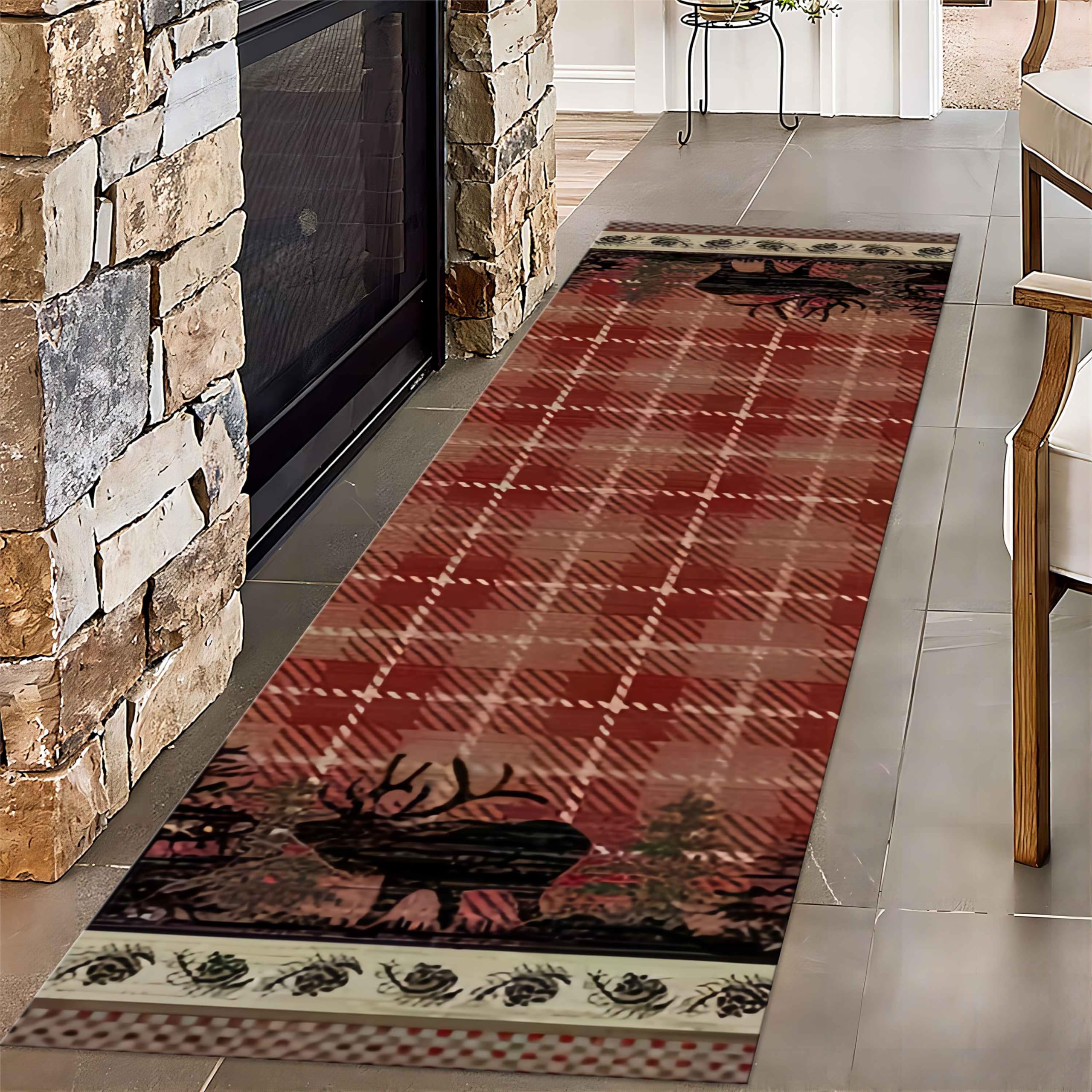 SOJAWA Wildlife Moose Hunting Long Hallway Runner Rug, 1.3X7ft, Southwest Country Cabin Decor Entrance Rug, Rubber Backed Non Skid Entry Rug, Easy