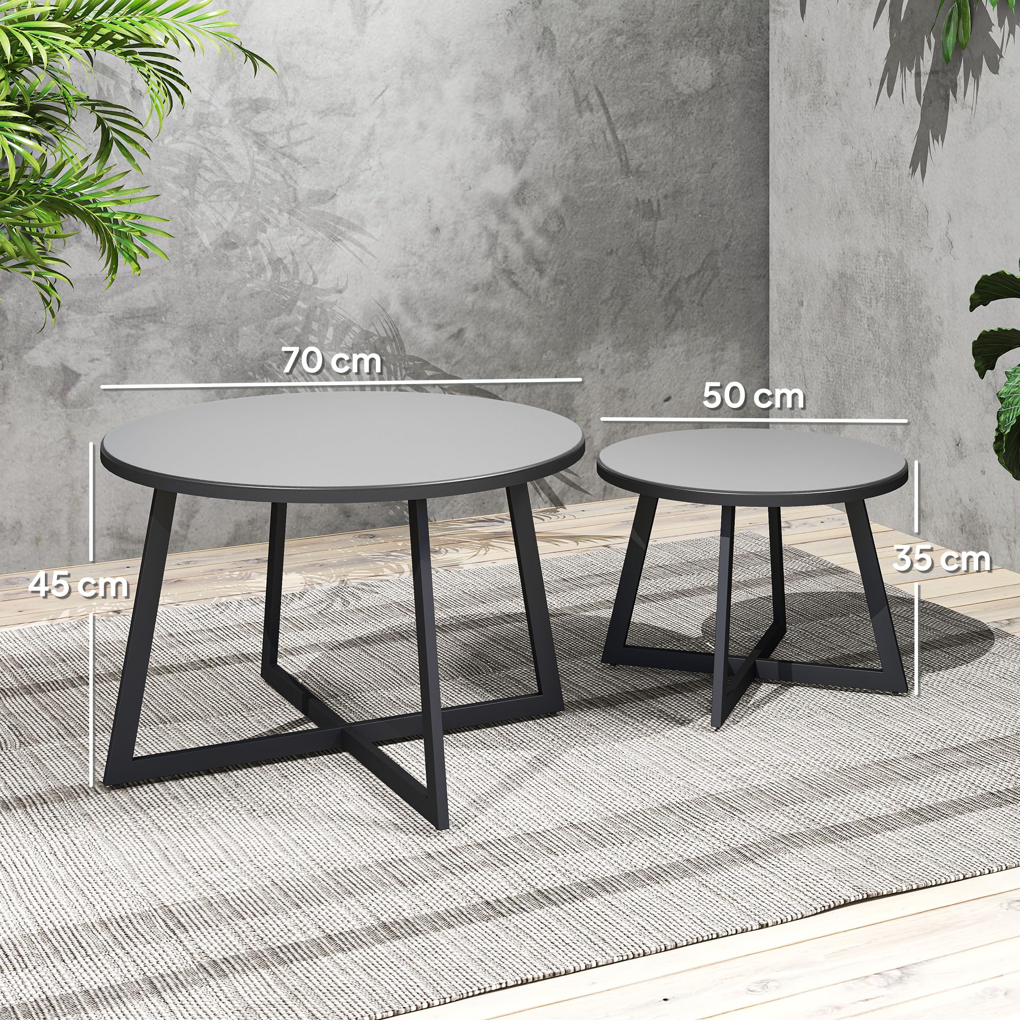Outsunny Set 2 Tavolini da Giardino, Coppia di Tavolini da Caffè per Esterni con Piano in Vetro Temperato, Struttura in Acciaio, per Balcone e Terrazzo, Ø70x45 cm e Ø50x35 cm, Grigio e Nero