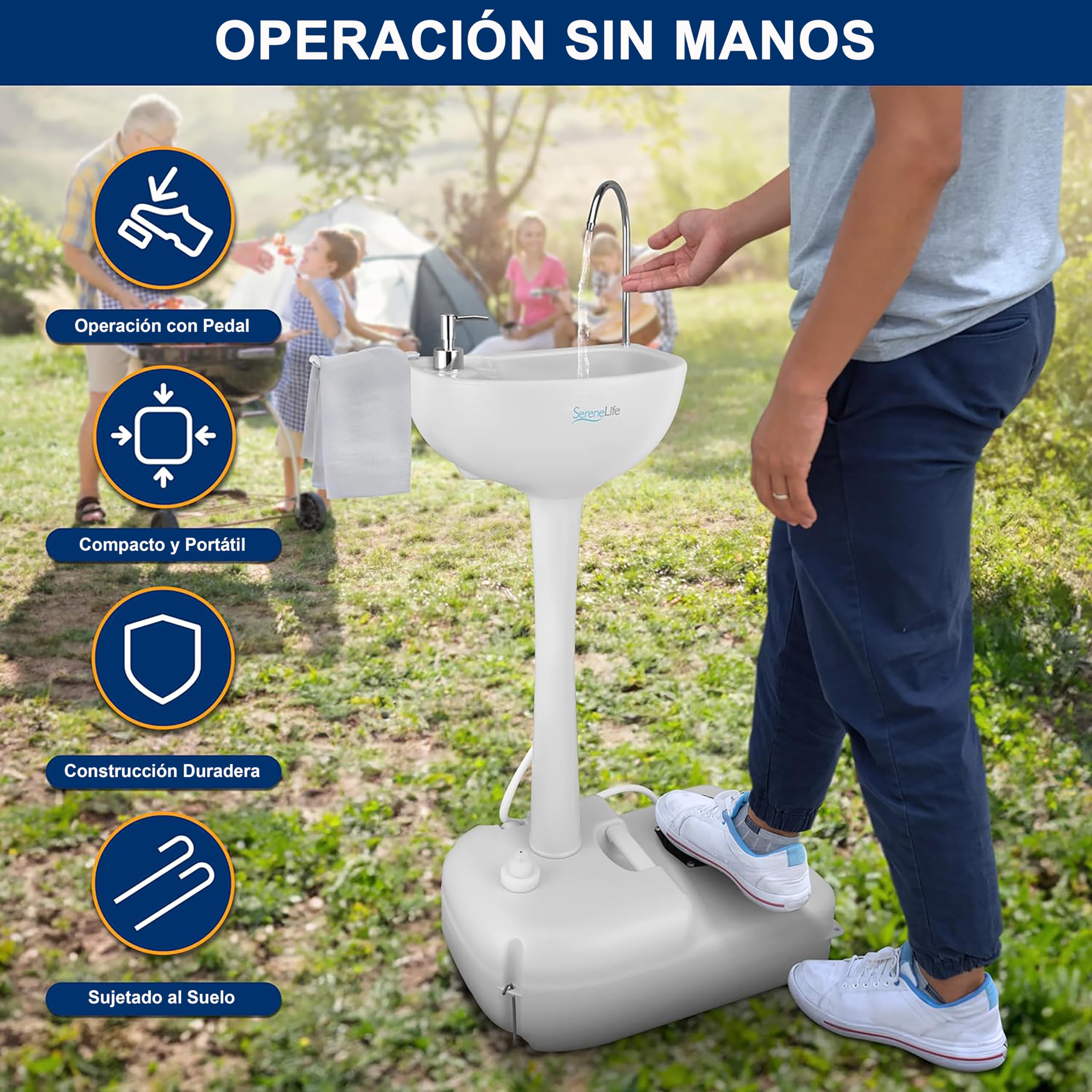SereneLife lavamanos portatil, Lavabo, Camping, Fregadero, Dispensador de jabon, Porta toallas, Exteriores, Actividades al aire libre, Tanque de agua, Ruedas