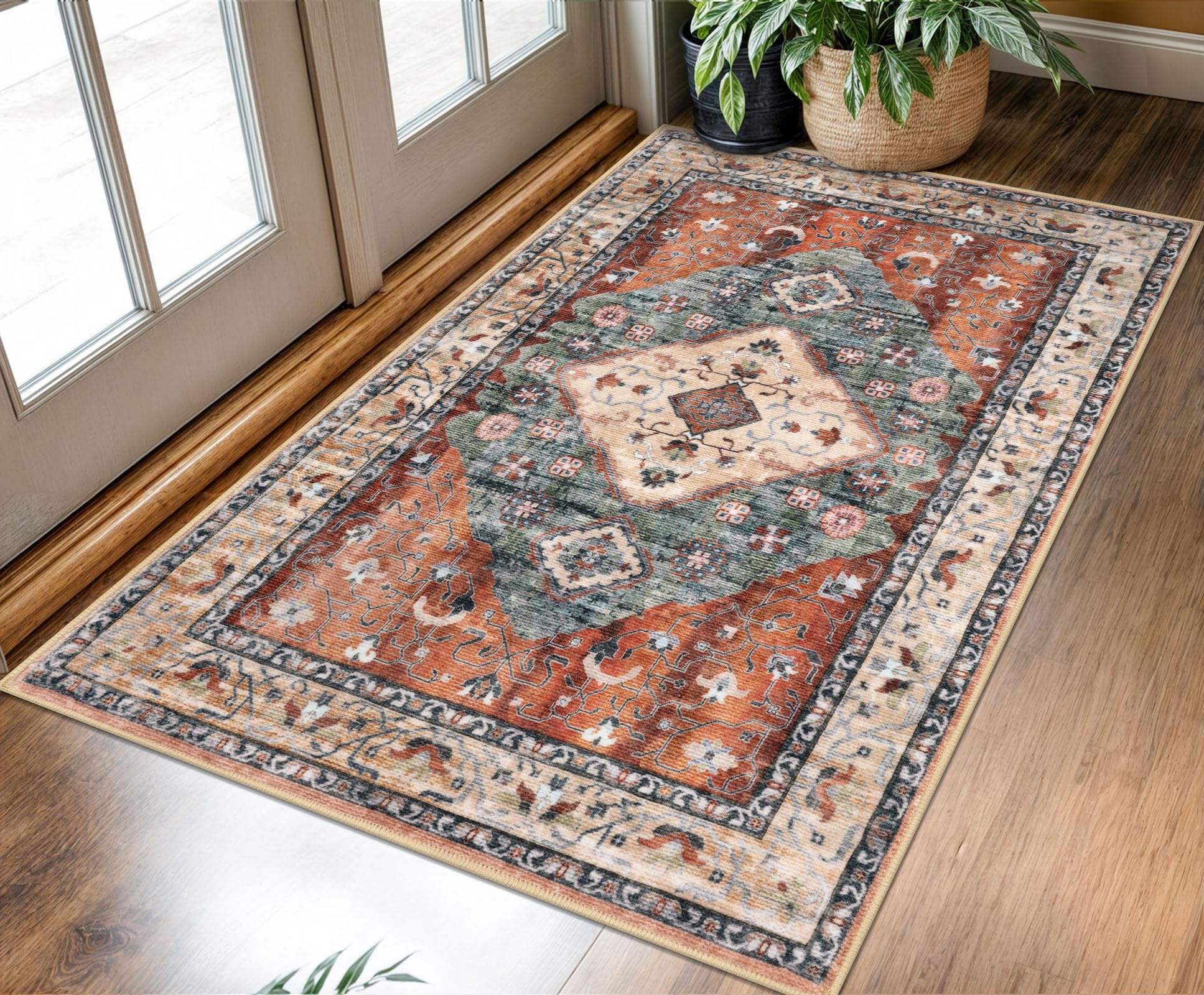 Photo 1 of ****SEE NOTES***KOZYFLY Boho Area Rug 3x5 Ft Rugs for Entryway Washable Entry Rug Non Slip Door Mat Indoor Entrance Rust/Orange/Blue Printed Faux Wool Vintage Kitchen Rug Throw Rugs for Entrance Kitchen Living Room
