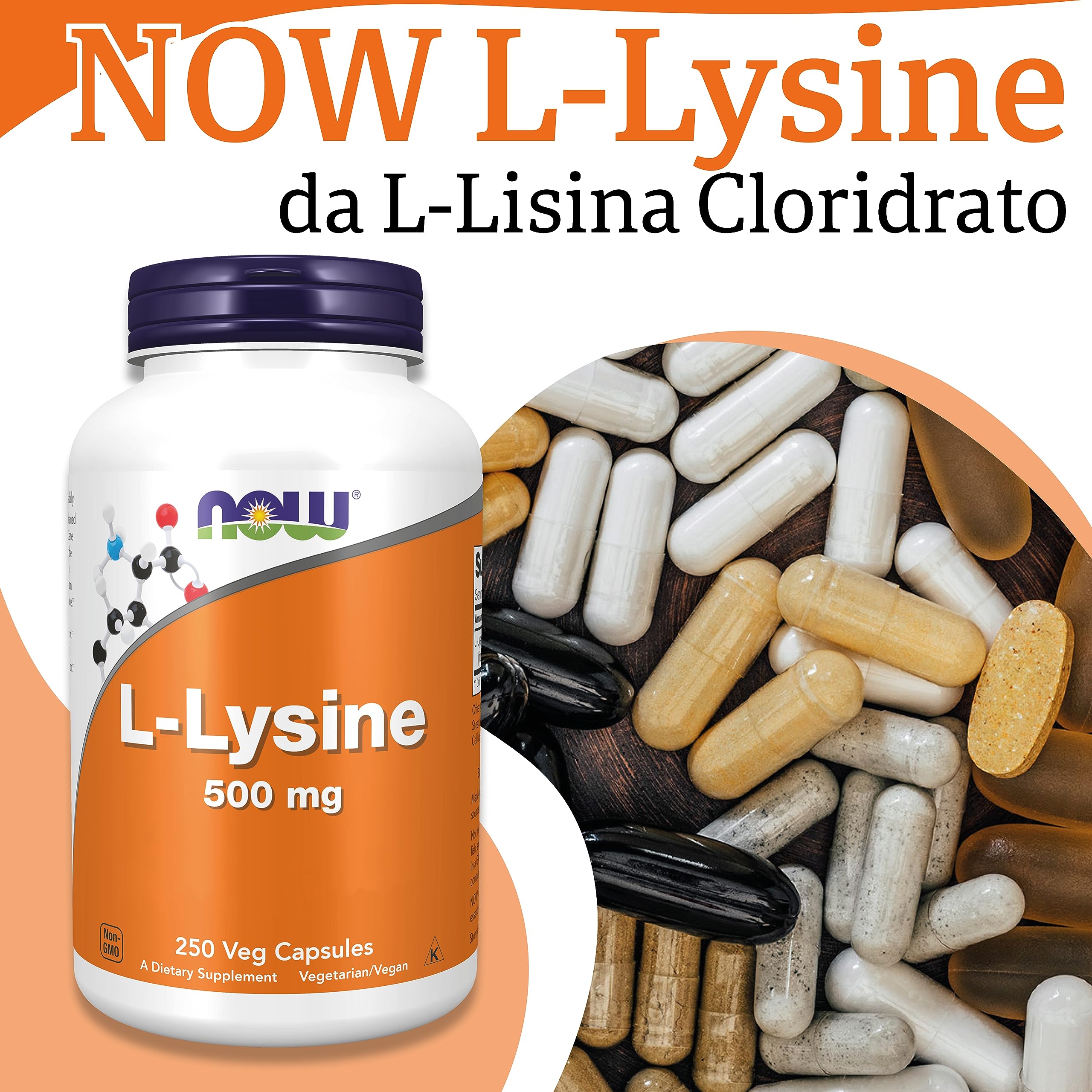 Now Foods, L-lisina, 500 mg, 250 capsule vegane, aminoacido