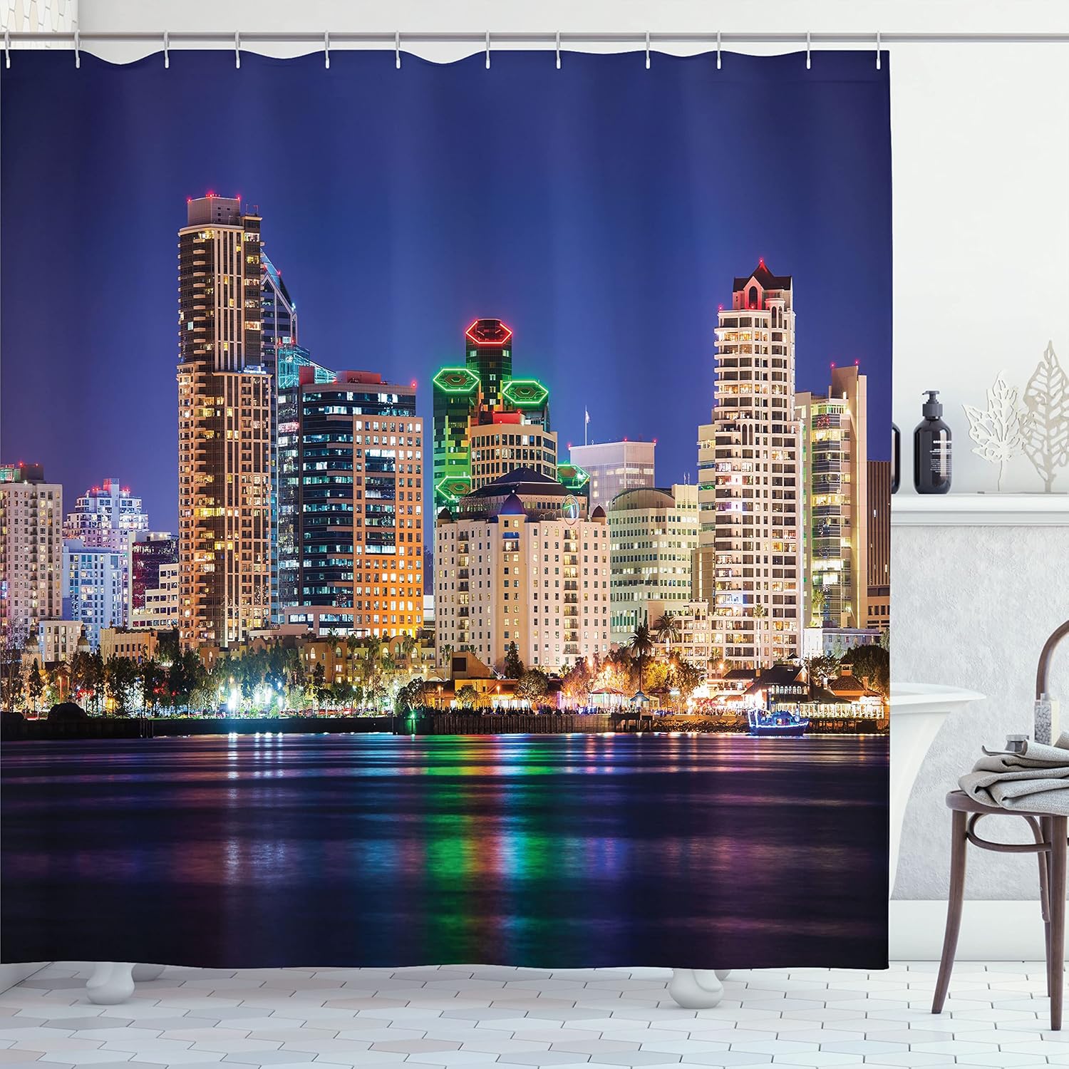 Ambesonne USA Shower Curtain, Colorful Skyline of San Diego at Night Time North San Diego Bay and Boats Architecture of Urban Near The Water, Cloth Fabric Bathroom Set with Hooks, 69" W x 75" L, Navy