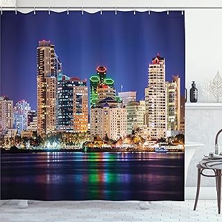 Ambesonne USA Shower Curtain, Colorful Skyline of San Diego at Night North San Diego Bay Boats Architecture Urban, Cloth Fabric Bathroom Decor Set with Hooks, 69" W x 84" L, Navy