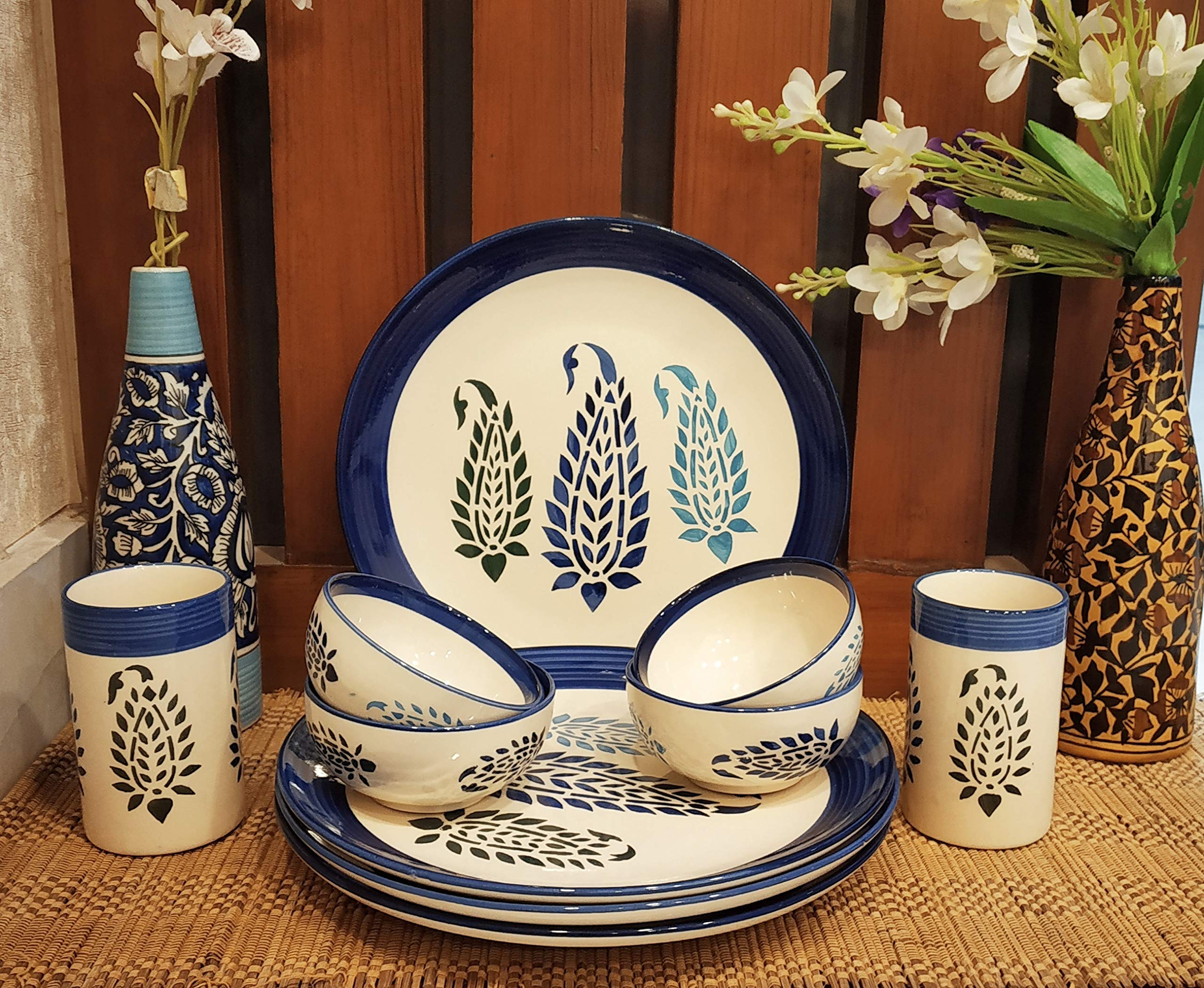 Caffeine Premium Stoneware Ceramic Handmade Blue Boota Combo Dinner Set (10 pcs.)