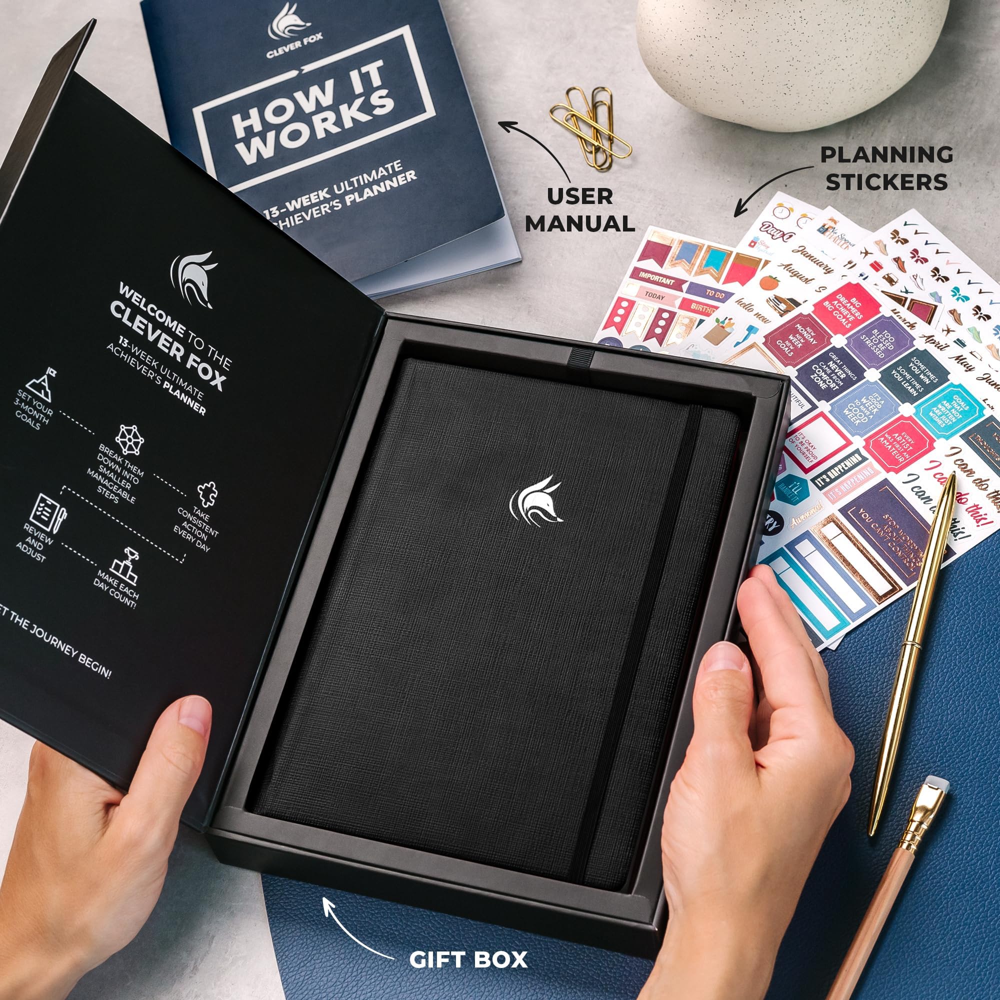 Clever Fox Planificador de objetivos de Ultimate Achiever's – Focus & Productividad, 90 días diario semanal mensual planificador diario y agenda horaria – Sin fecha, tapa dura, tamaño A5, negro ónix