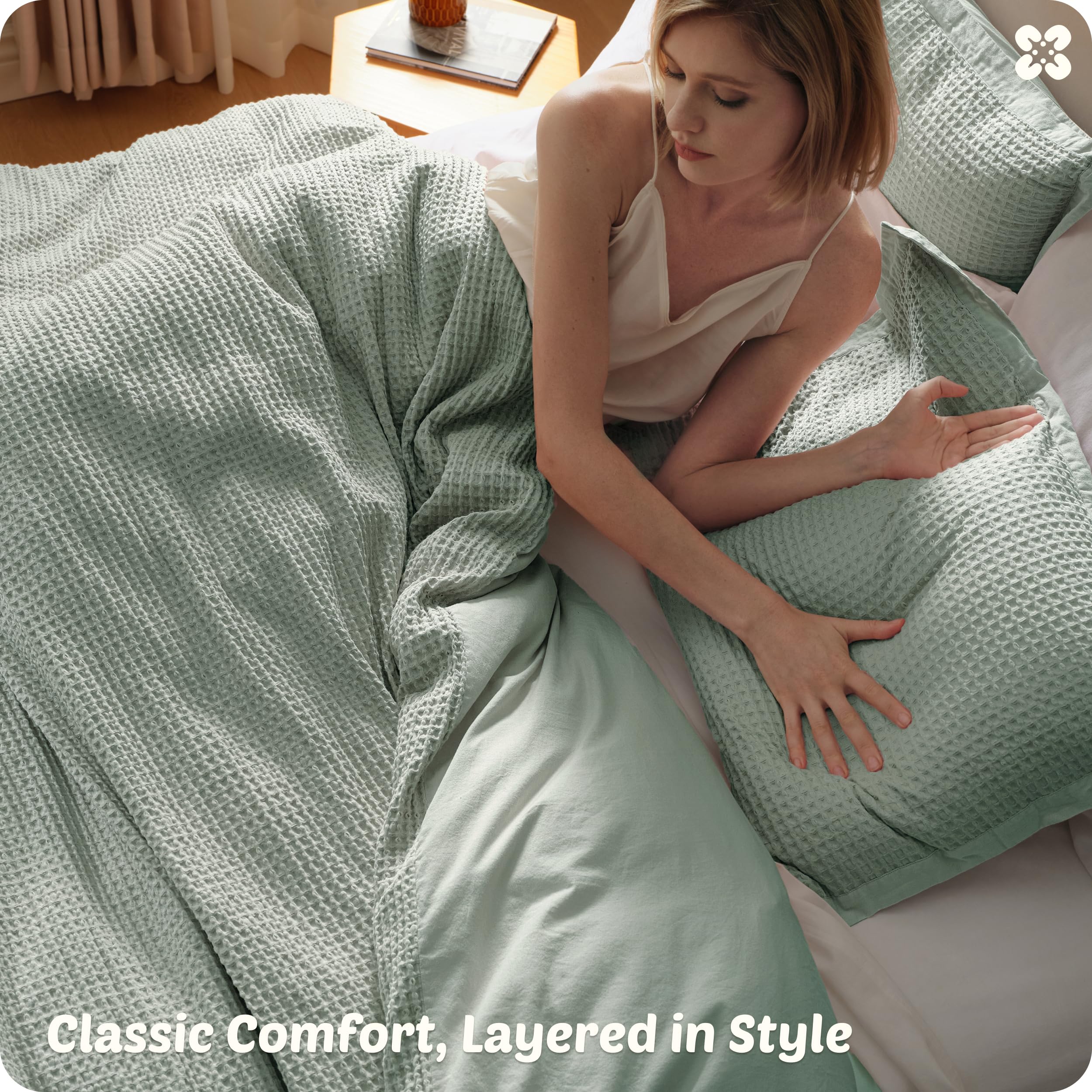 Bedsure Bawełniana poszewka na kołdrę w rozmiarze queen – 100% bawełna o splocie waflowym szałwiowa zielona poszewka na kołdrę rozmiar queen size, PureWoven oddychający zestaw pościeli na każdą porę