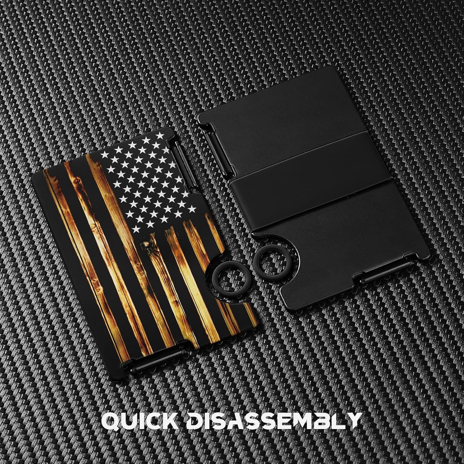 Minimalist Metal Wallet for Men, Ultra-Thin Aluminum Card Holder with Cash Strap, Personalized Wood American Flag, Slim Front Pocket RFID Blocking Wallet - Image 4