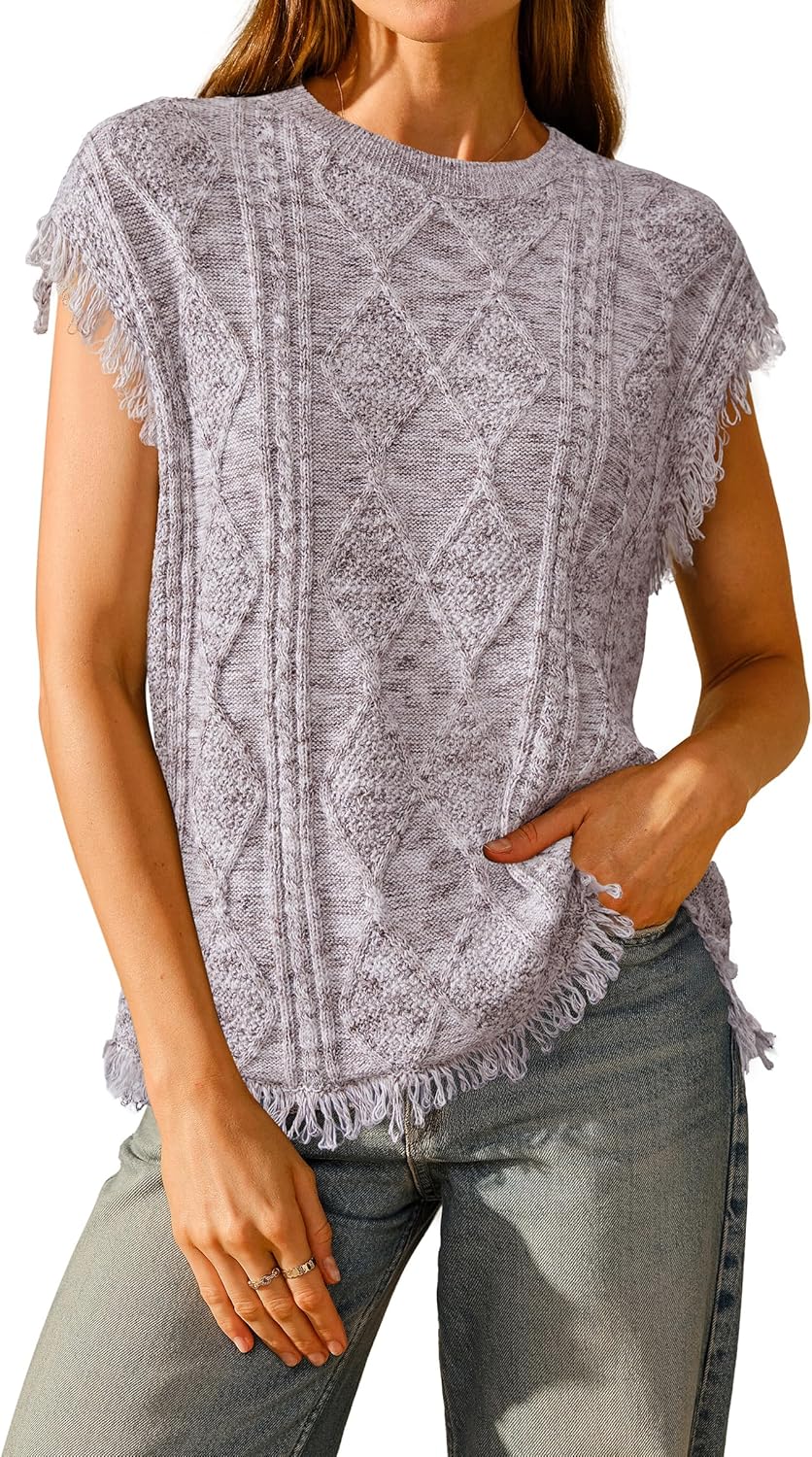 Arach&Cloz Women's Cozy Cotton Fringe Cable Knit Western Outfits Fall Sweater Vests 2025