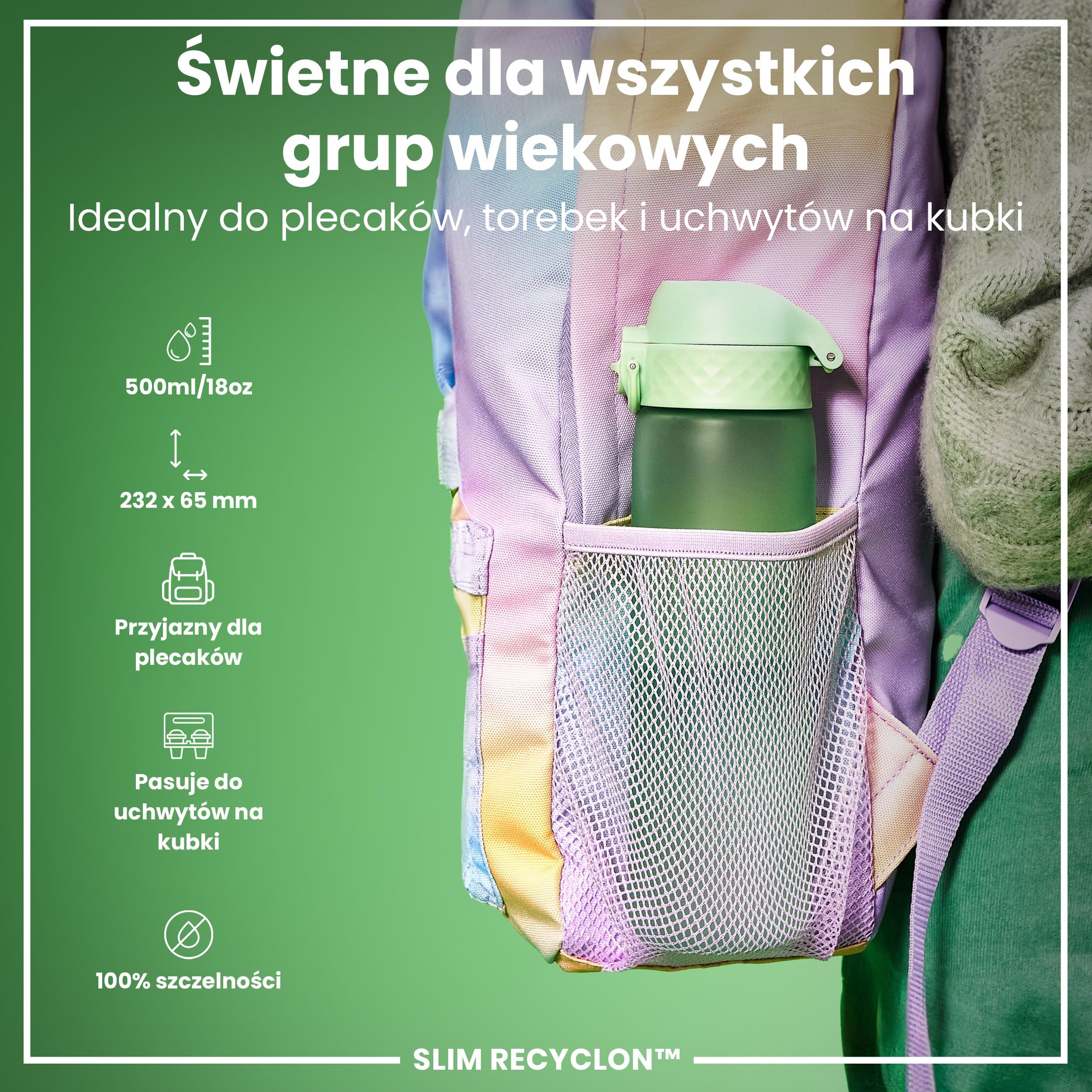 ION8 Butelka na Wodę, 500 ml/18 oz, Szczelna, Łatwe Otwieranie, Bezpieczny Zamek, Można Myć w Zmywarce, Bez BPA, Higieniczne Pokrycie, Uchwyt do Przenoszenia, Łatwa Czyszczenie, Bezwonny, Zielony Surf