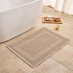Waffle Bath Mat Non Slip, Boho Bathroom Rug, Super Absorbent Quick Dry Bathroom Mat, Soft Farmhouse Bath Rug with Tassels, Small Washable Shower Mats for Floor 16"x24", White and Taupe