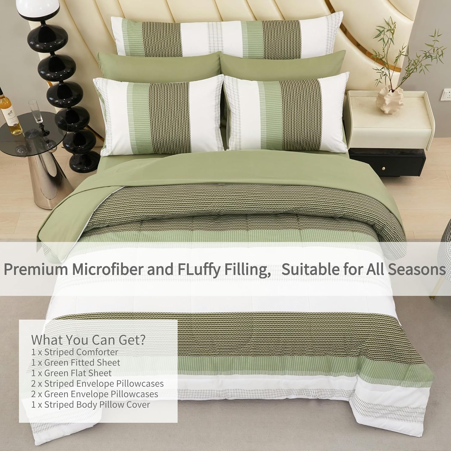 RYNGHIPY Olive Green Striped Bed Sets: 8 Pieces Soft Lightweight Bed in A Bag Queen Size Microfiber Down Alternative Comforter Sets with Corner Loops (Queen,Olive Green) - Image 2