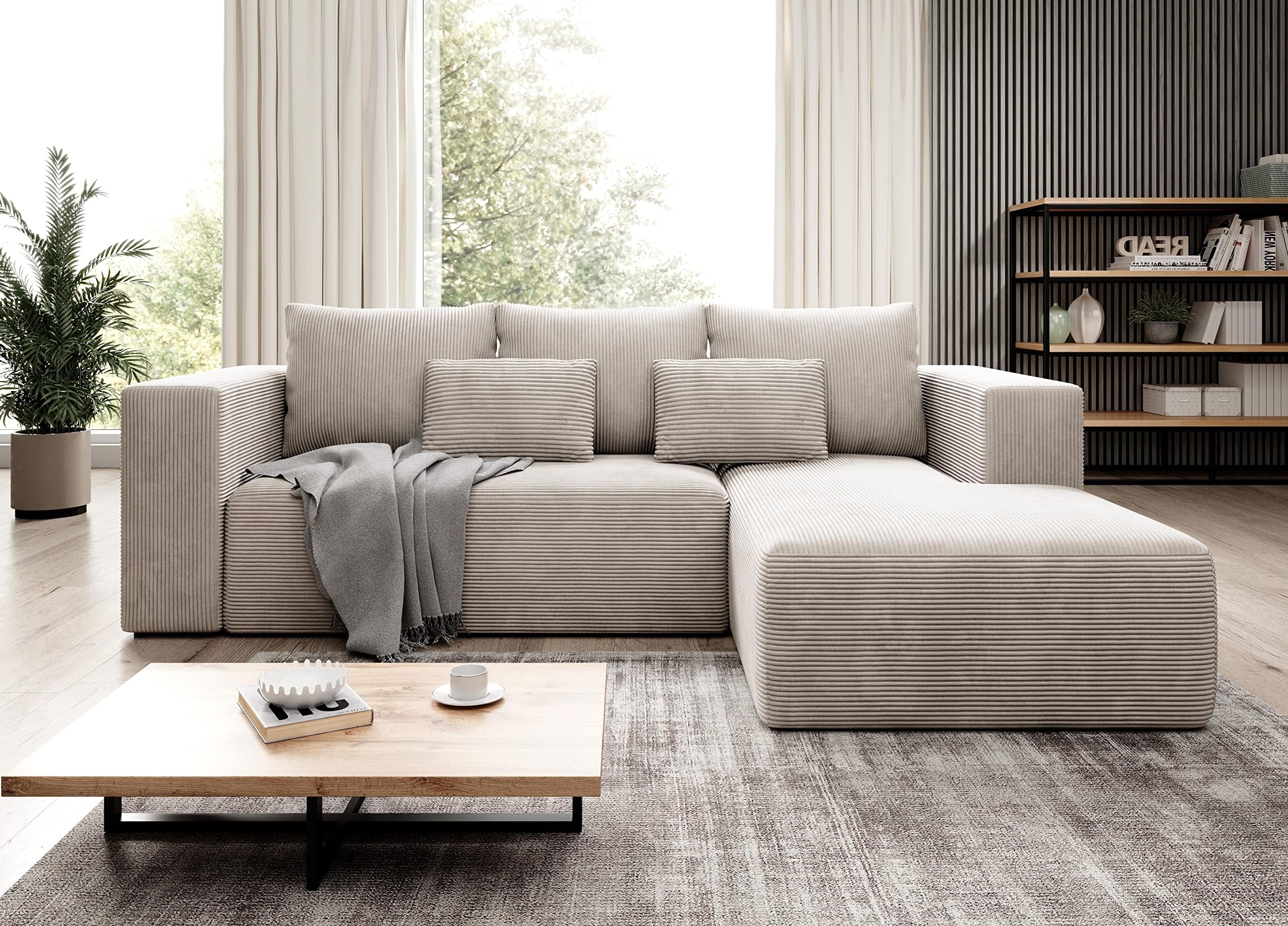Moderno Corner Sofa with Sleep Function Stripes - Sofa with 3-Seater and Robust Cover - L-Shape Sofa Bed - Modern Couch Cord - 255 x 73 x 161 cm - Right, Creamy