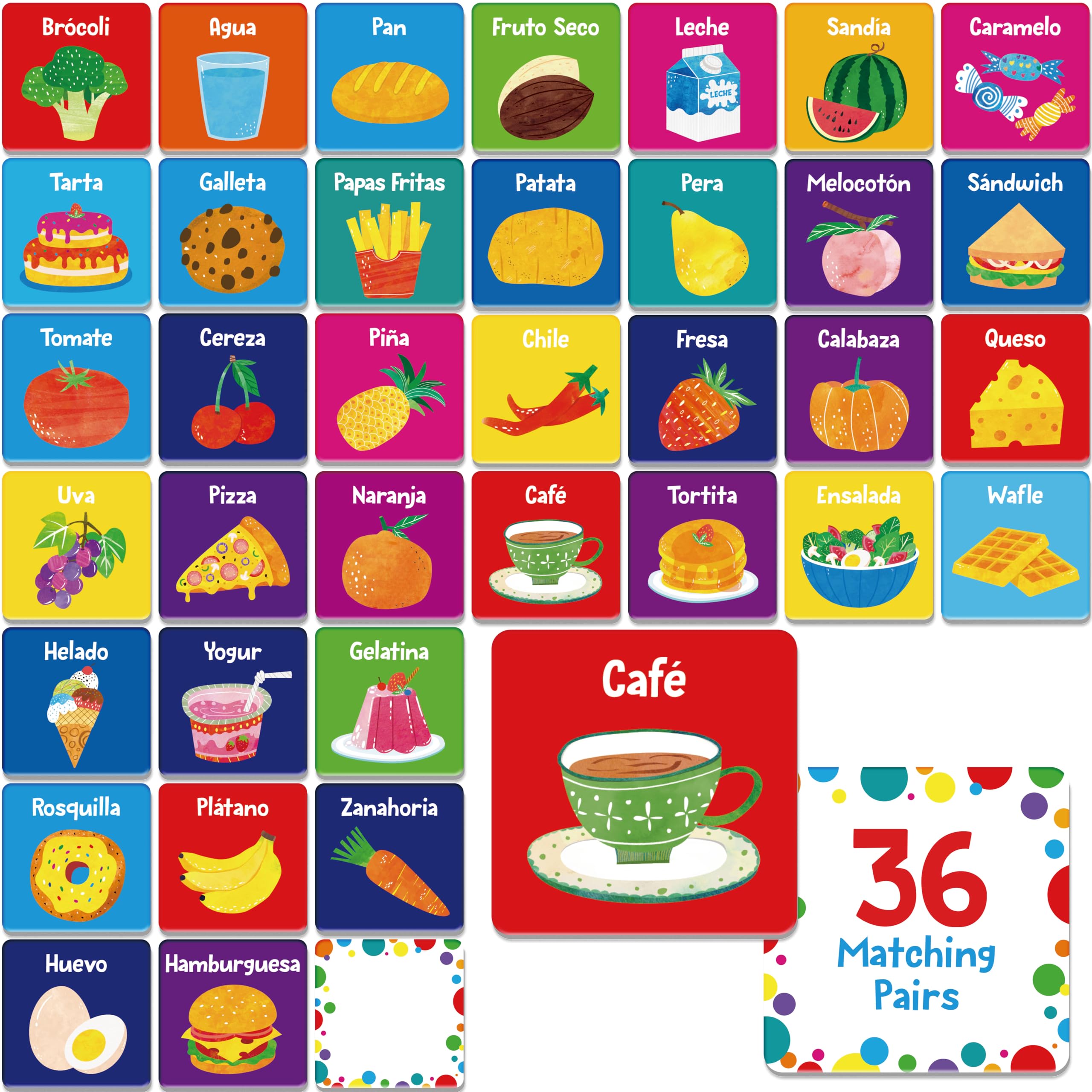 Hebayy 36 Pairs Food Memory Card Game, 72 PCS Spanish Flashcards Matching Game, Homeschool Supplies Educational Toys Preschool Learning Activities for 4 5 6 Years Old (2” X 2”)