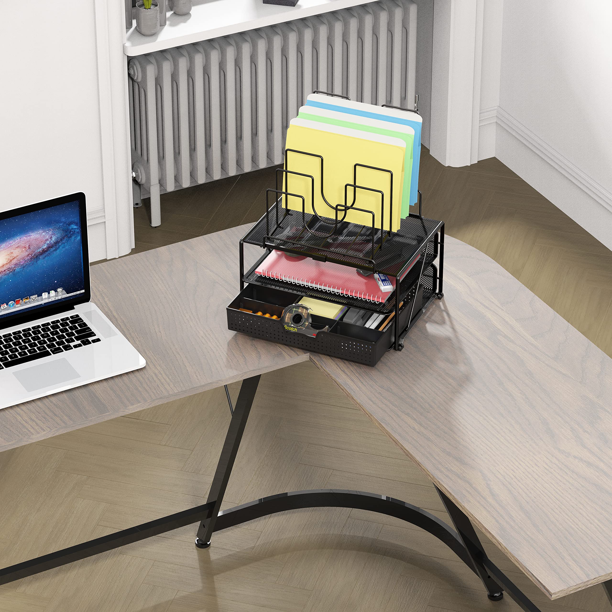 DecoBros - Organizador de escritorio con doble compartimento y 5 compartimentos apilables, color negro
