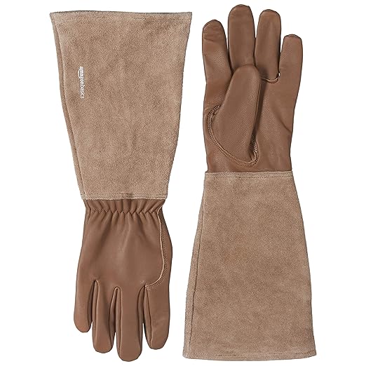 Amazon Basics Leather Gardening Gloves with Forearm Protection, Brown