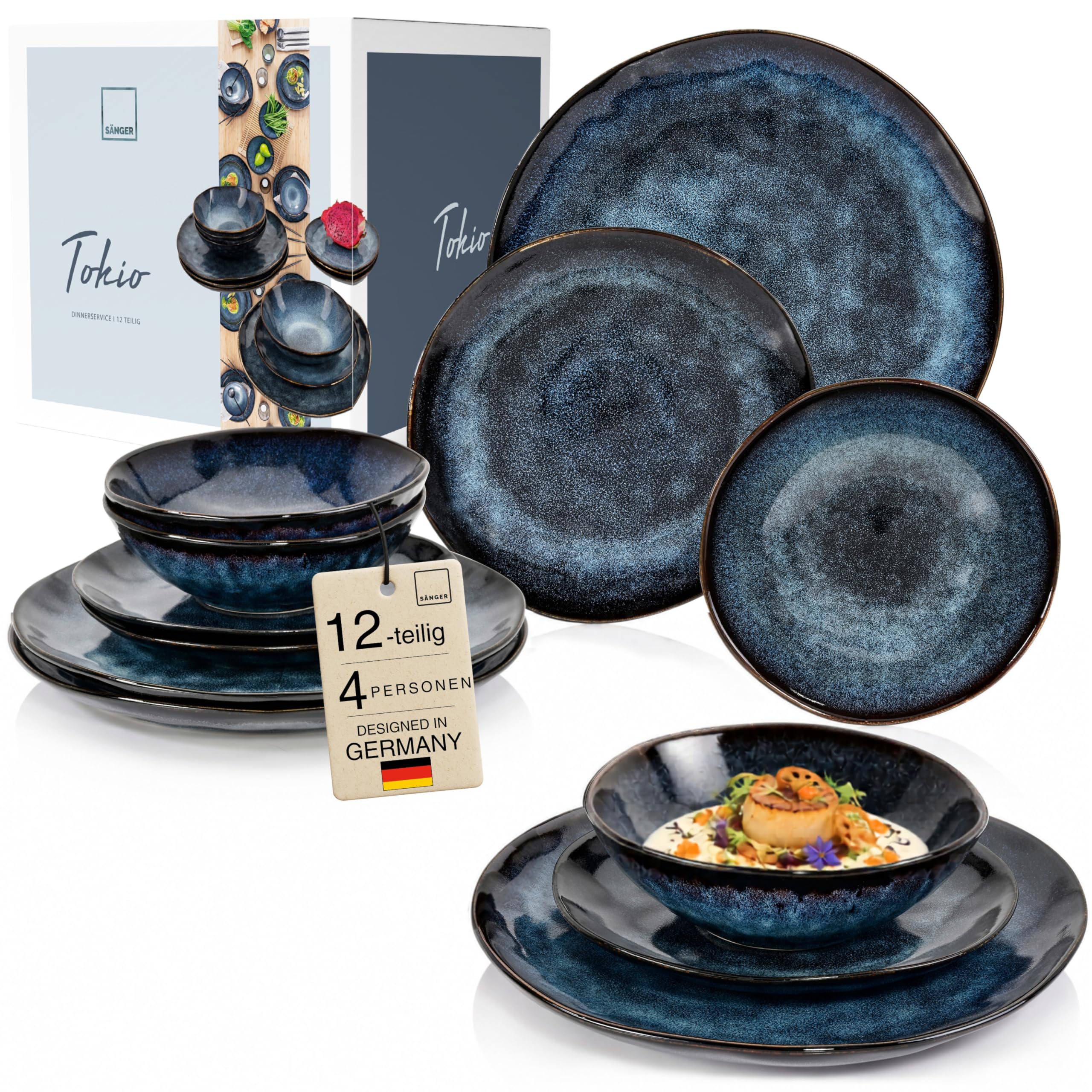 Sänger | Teller Set Tokio 12 tlg, Steingut Geschirrset 4 Personen, Tafelservice inkl. Speiseteller Kuchenteller & Schüssel Set, Speiseservice Dunkelblau mit Schwarzen Akzenten | PREMIUM COLLECTION
