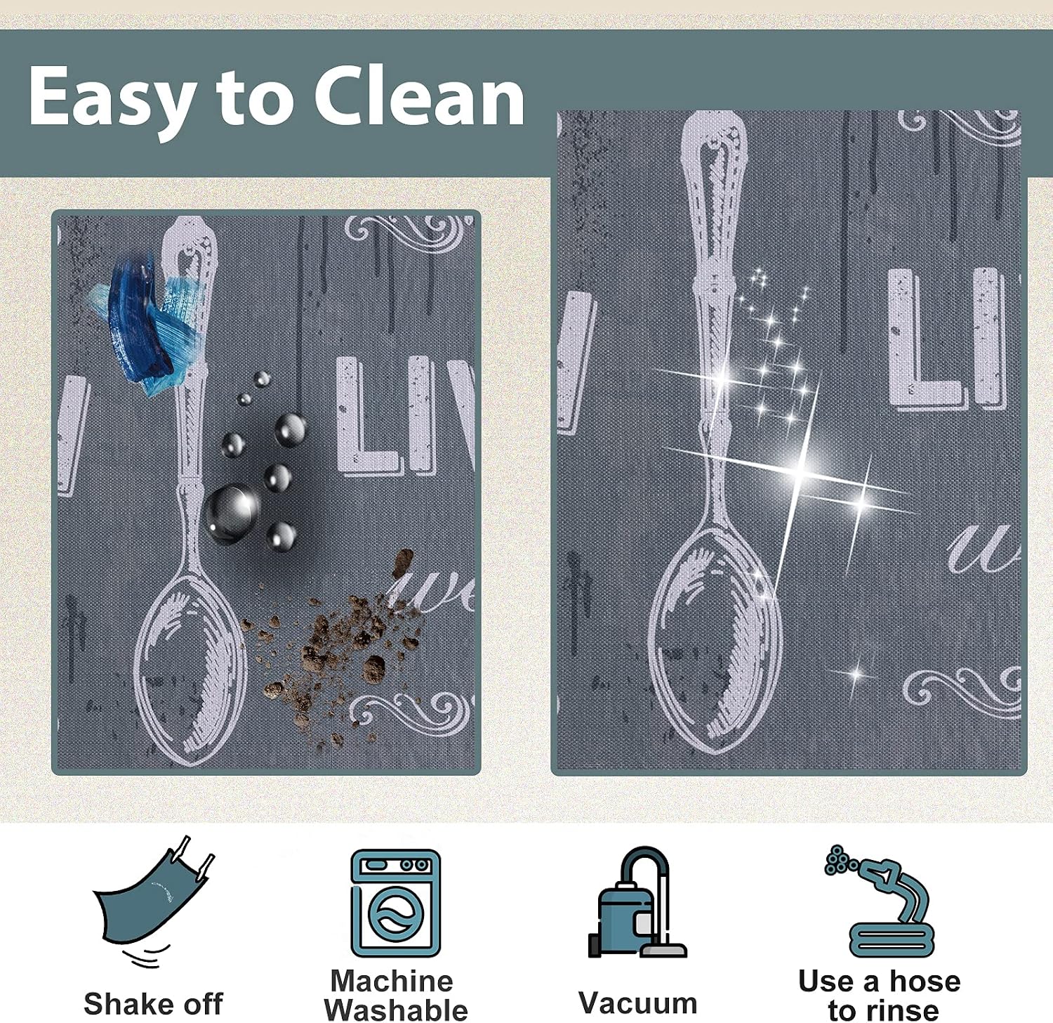 Carvapet 2 Piece Kitchen Rug Set Non-Slip Backing Mat Throw Rug for Kitchen Doormat Runner Rug Set, Motto Design, Grey (17"x48"+17"x48")