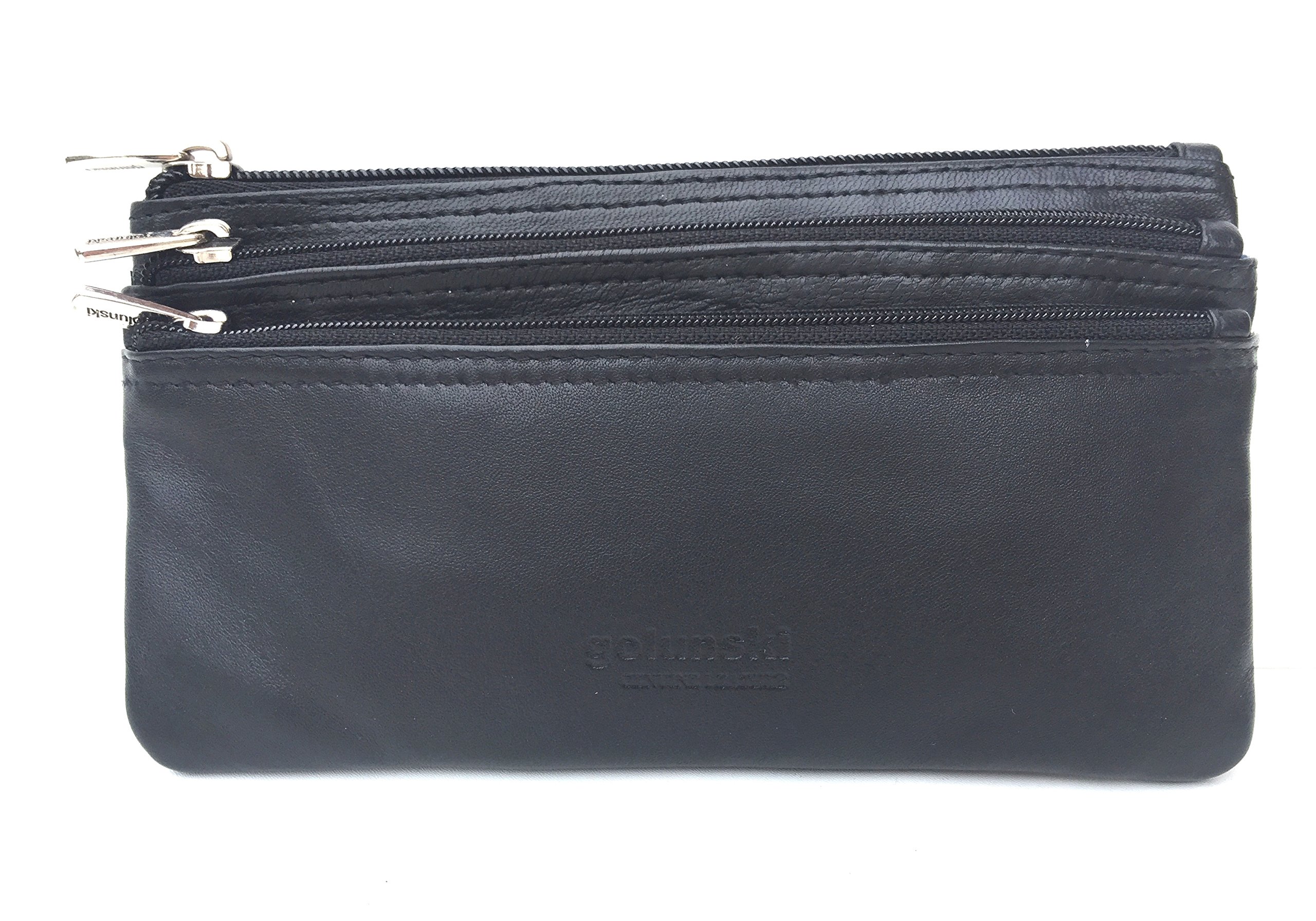 0330 Super Soft Leather 3 Zipped Compartment Coin Purse (Black)