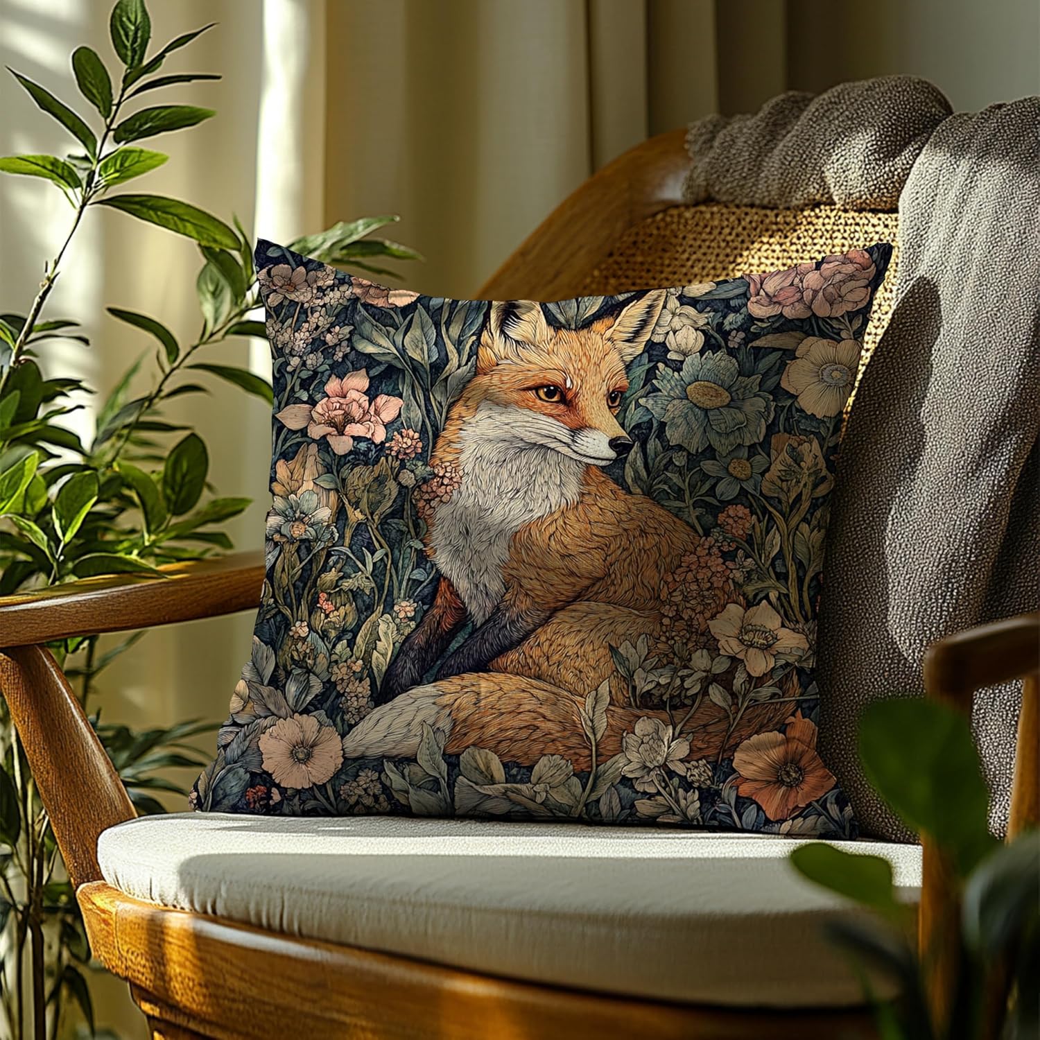 Cottagecore William Morris Inspired Fox Floral Print Pillow Covers 18x18,Vintage Fox Animal Floral Decorative Throw Pillow Covers for Home Bedroom Living Room - Image 4