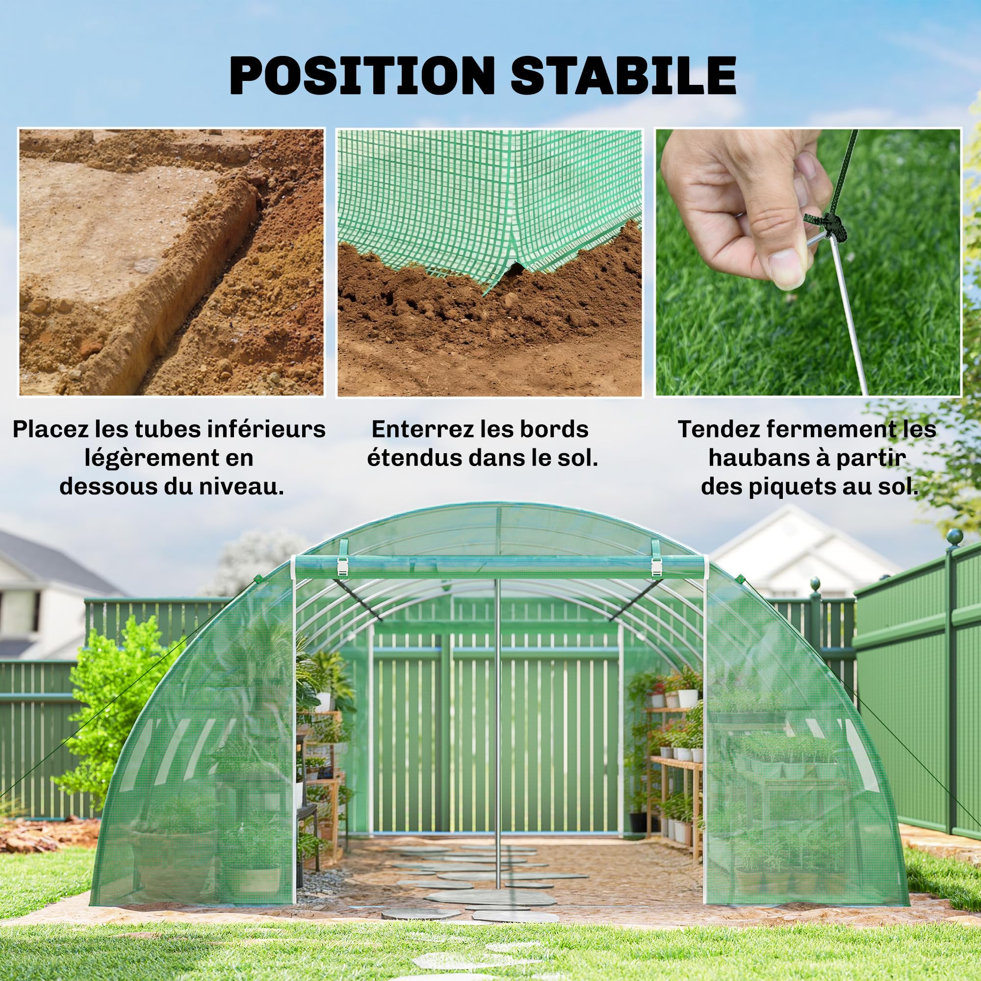 Outsunny Serre Tunnel de Jardin 24m² 395x595x199cm, Acier Galvanisé Ø25mm et Structure Renforcée - Serre Maraîchère en Bâche PE 140g/m², 12 Fenêtres & 2 Portes, Idéale Potager & Hivernage, Vert