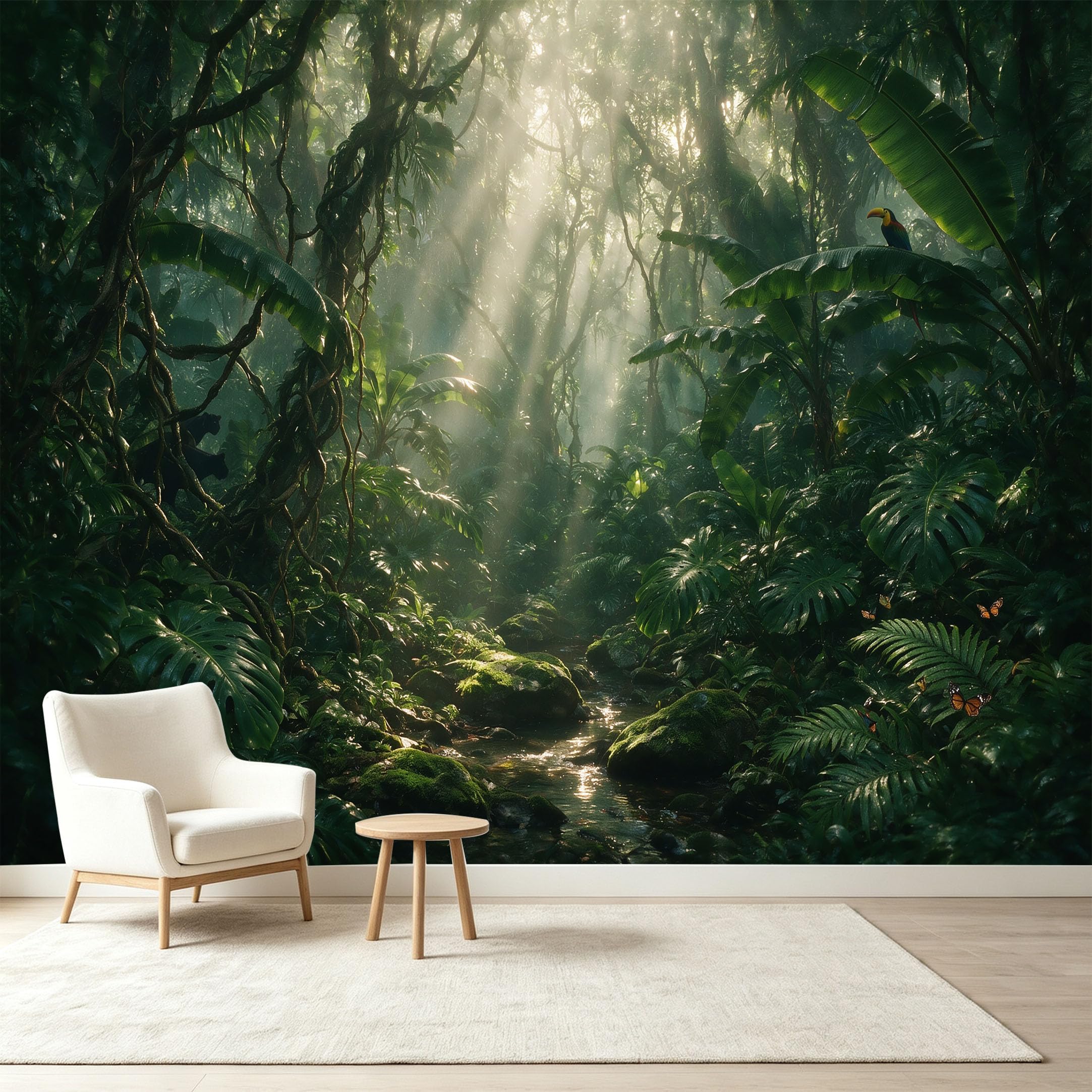 Custom Size Wall Murals Tropical Jungle Rainforest Botanical Sunlight Stream Self-Adhesive Wall Fabric Removable Wallpaper Wall Decor for Living Room Bedroom Bathroom