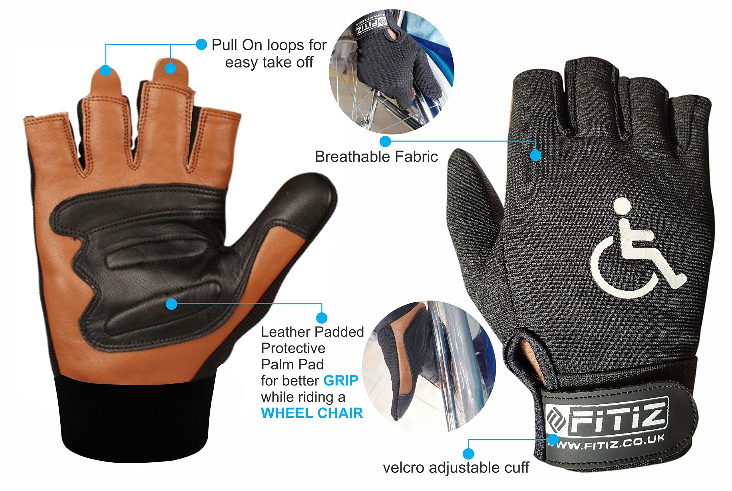 Guantes de Ciclismo para Silla de Ruedas, de Piel auténtica, Acolchados, Transpirables, sin Dedos, con Agarre Antideslizante