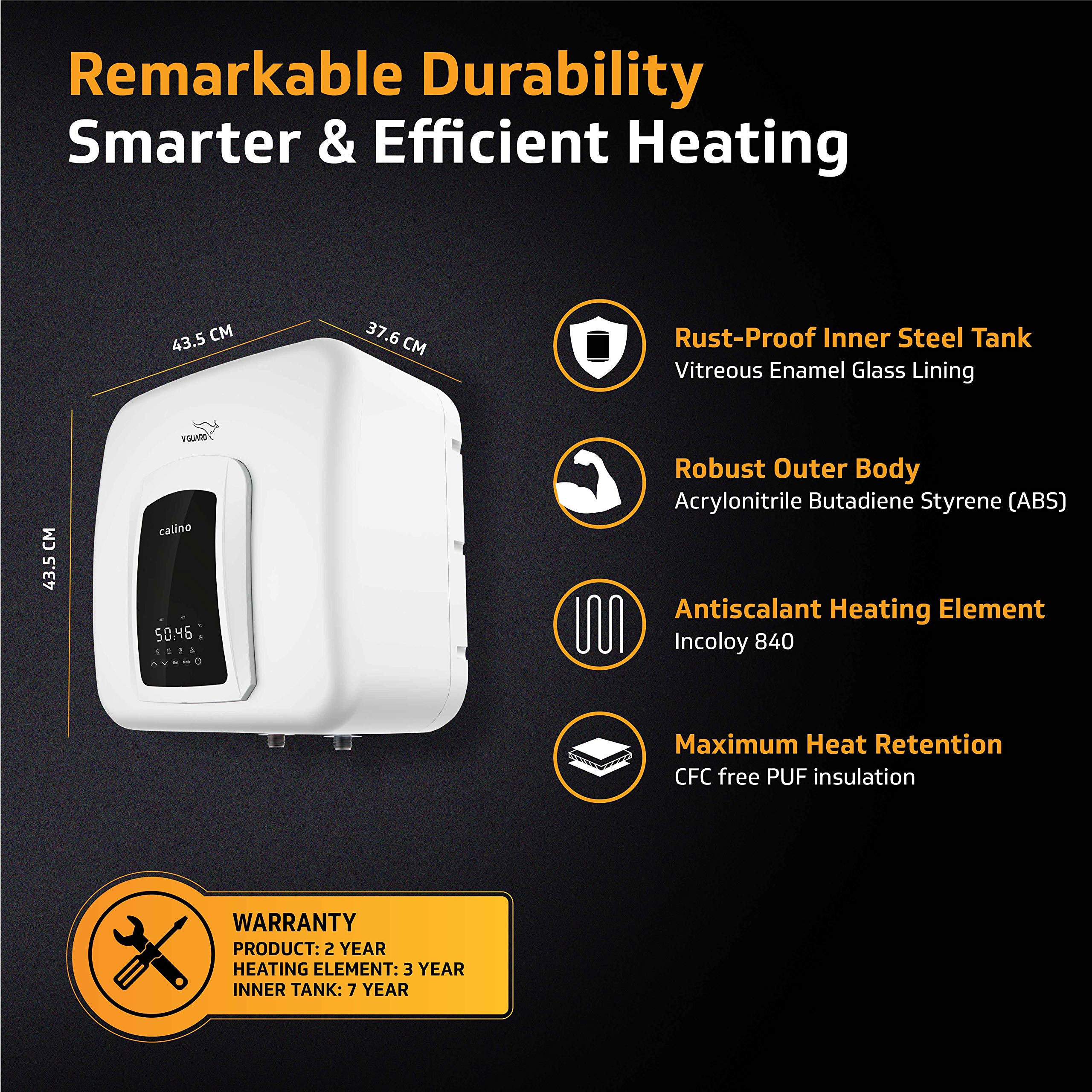V-Guard Calino DG 25 Litre Storage 5 Star Water Heater with Remote Control  u0026 Digital Display; 100% ABS Body with IPX4 Rating; Free PAN India  Installation and Free Inlet Outlet Connection Pipes;