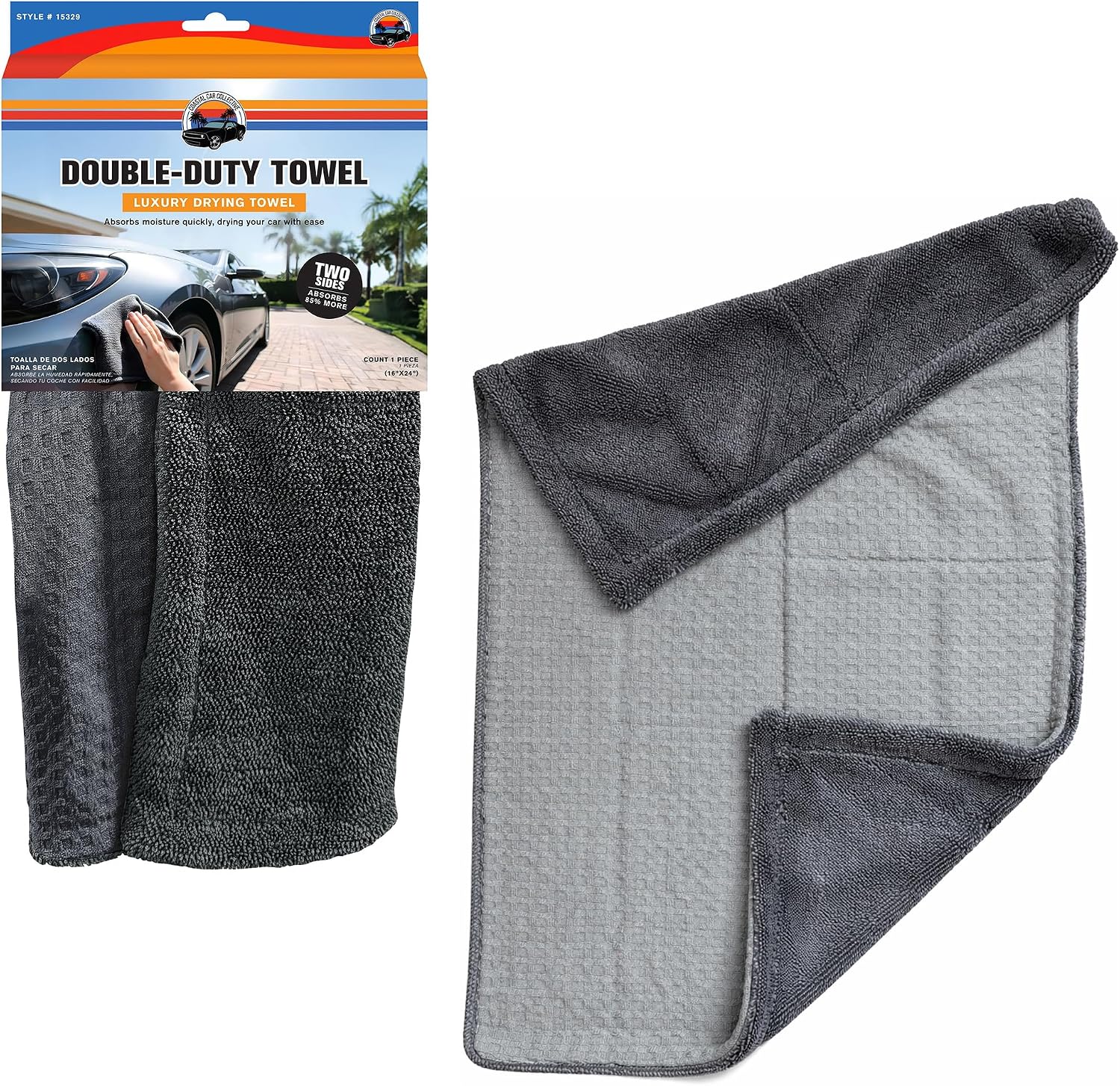 Double-Duty Luxury Drying Towel - 16x24 Gray, 2 Sided: Microfiber & Waffle, No Streak Finish, Car Wash-Auto Detailing-Cleaning