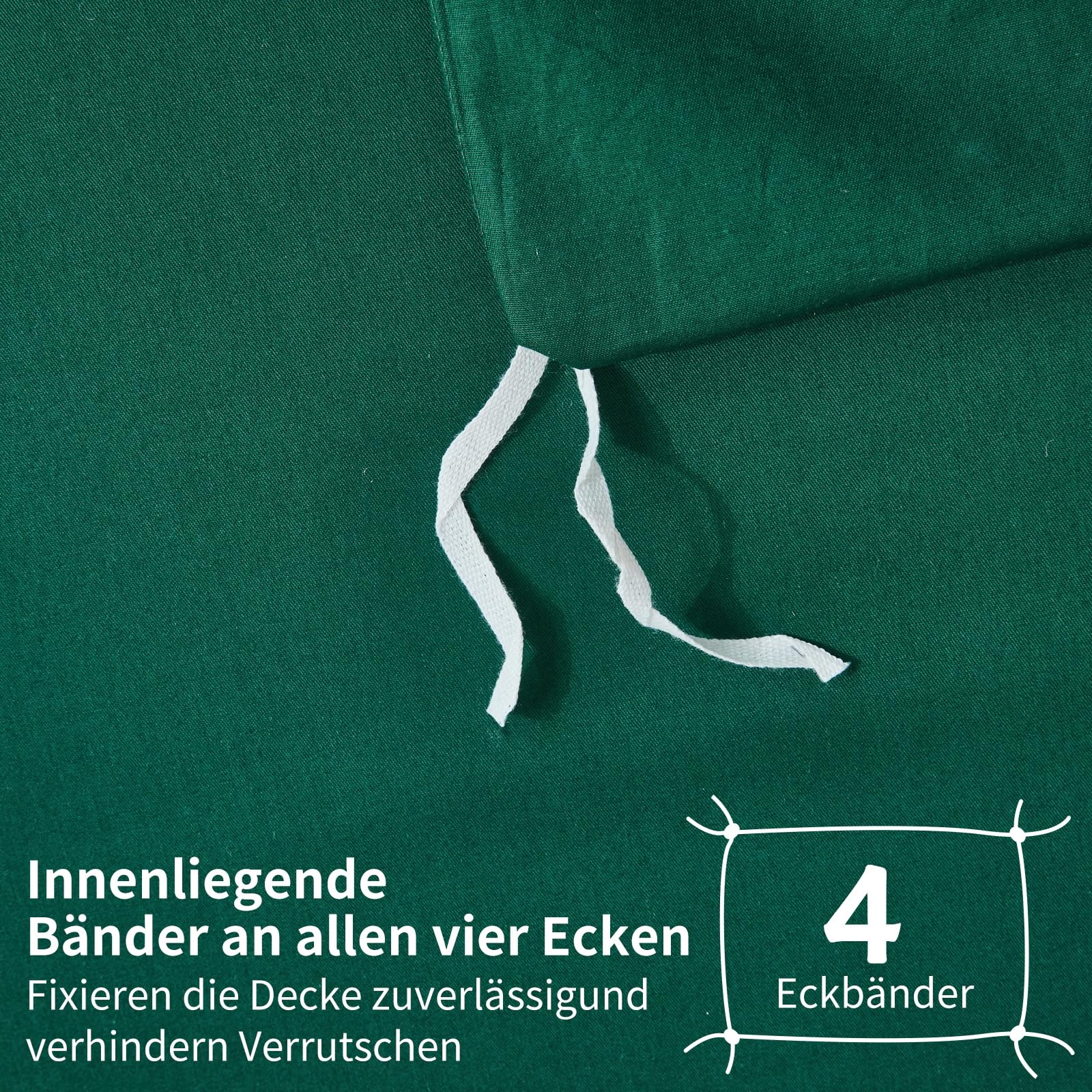Ropa de cama de 135 x 200 cm, 4 piezas, color verde oscuro, 100 % algodón peinado, refrescante, liso, brillante, suave, transpirable, juego de funda nórdica con cremallera y 2 fundas de