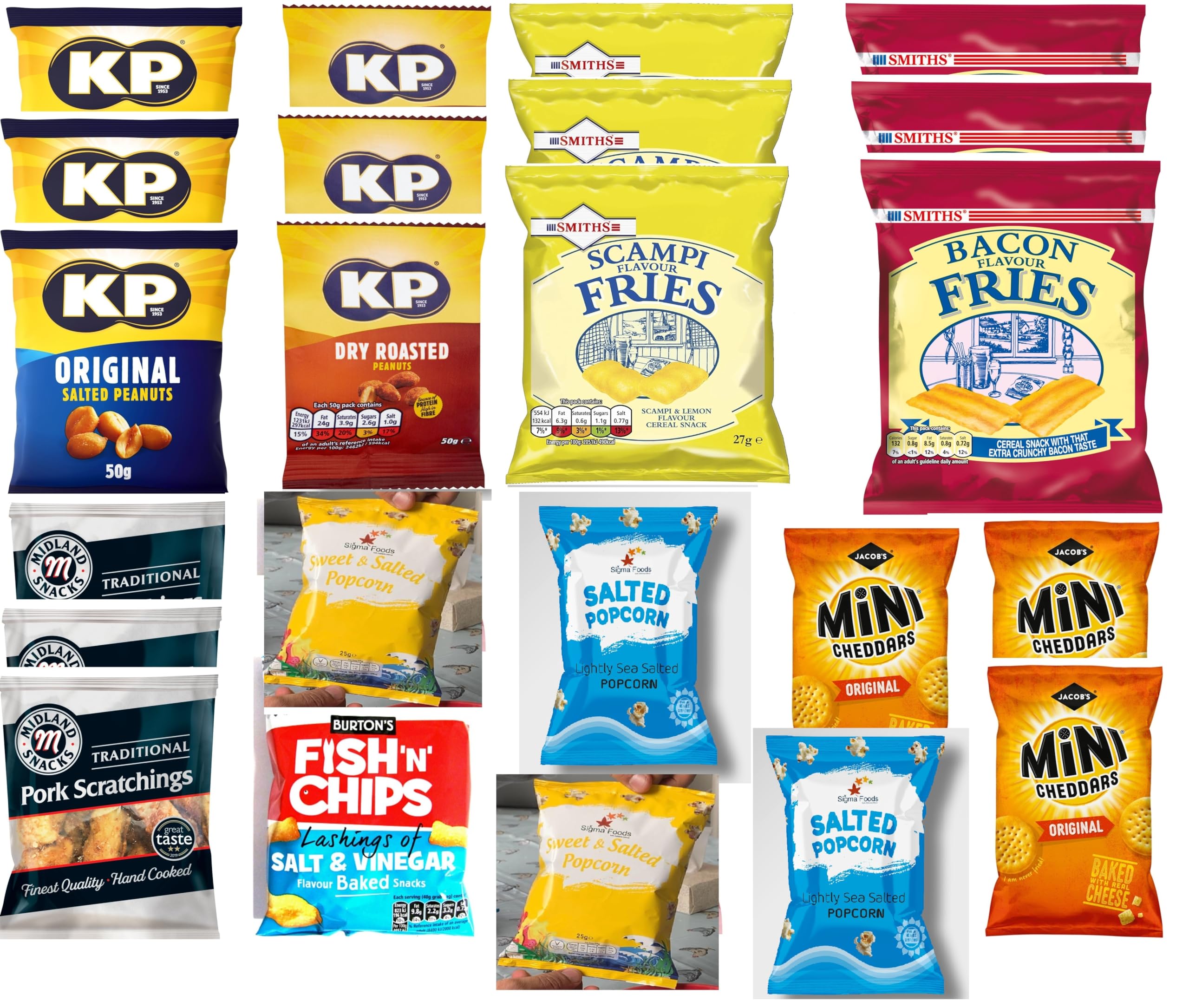Pub Grub Mega Munchies Pub Snacks Pork Scratching Bacon Scampi Fries Mini Cheddars Salted & Roasted Nuts Burton Fish Chip Salted and Sweet Popcorn 24 Packs