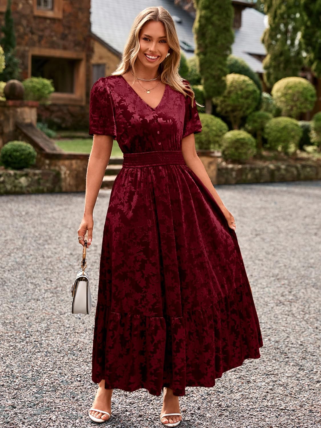 Simplee Womens Fall Velvet Dress Short Sleeve V Neck Floral Maxi Dress Long Formal Winter Wedding Guest Dresses - Image 2
