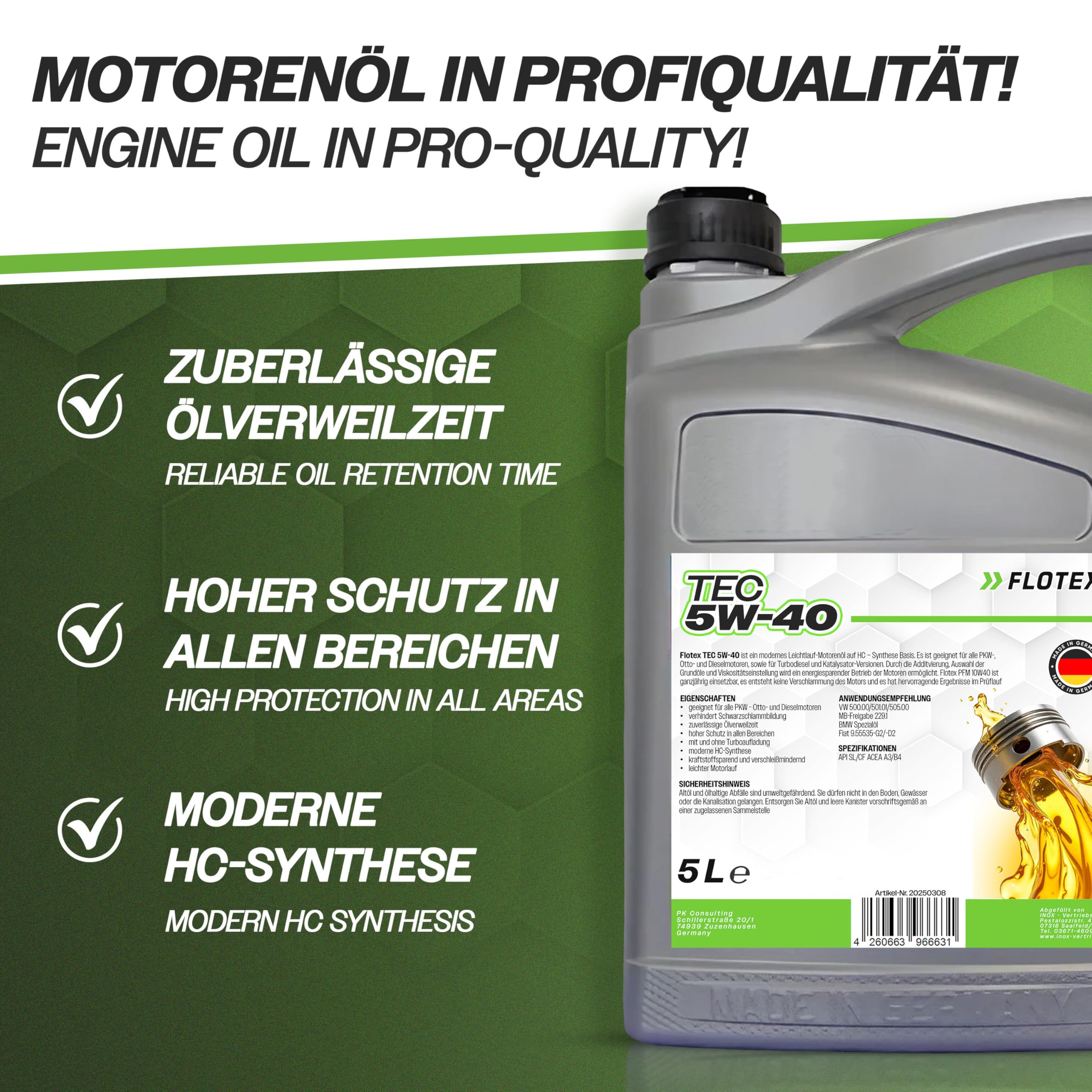 Premium Tec 5W40 Motoröl 5L I Hochwertiges 5W40 für geringere Emissionswerte I Ergiebiges 5W 40 Motoröl für Otto- & Dieselmotoren I Profi 5 W 40 5L mit hervorragender Viskosität