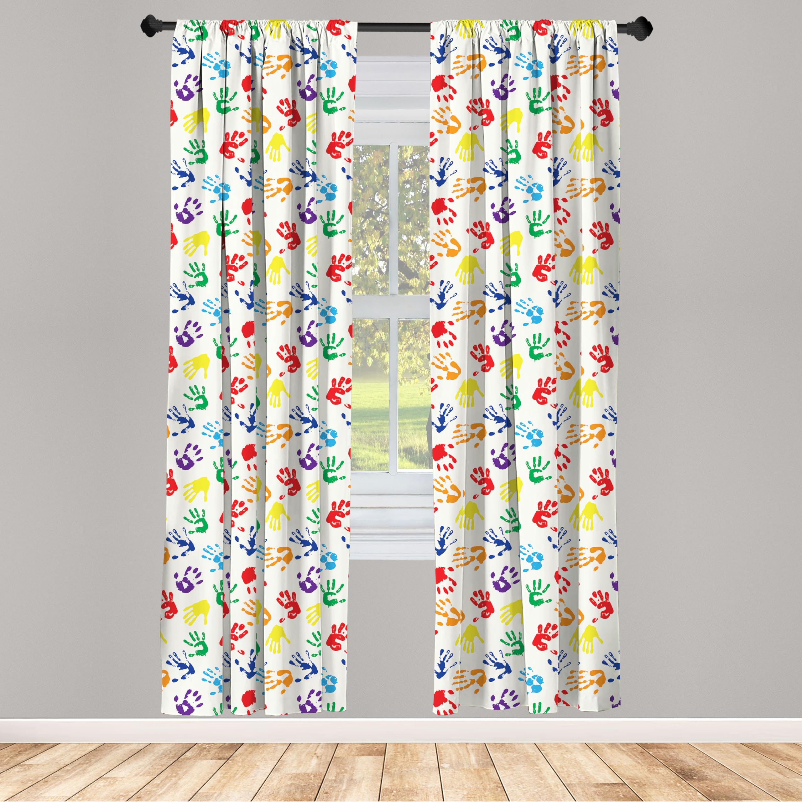Lunarable Paint Curtains, Colorful Hand Shapes Fingerprints Rainbow Palette Abstract Activity Pattern, Window Treatments 2 Panel Set for Living Room Bedroom, Pair of - 28