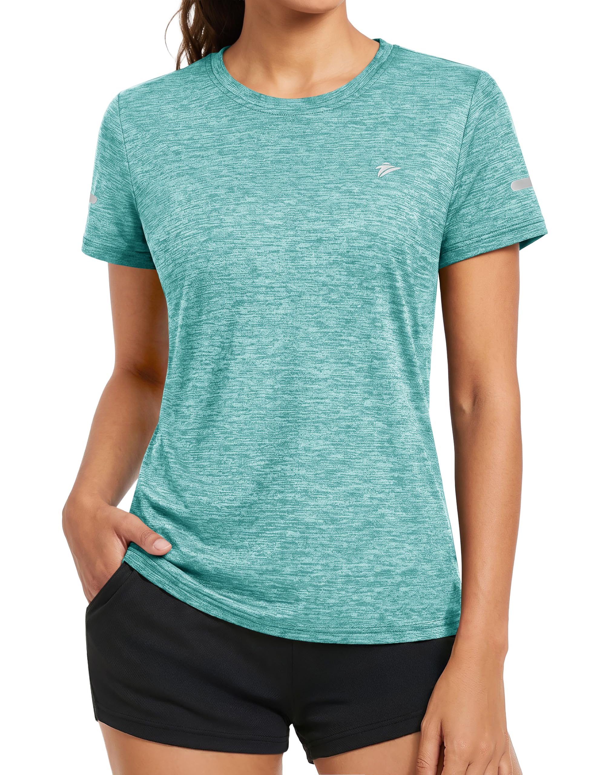 KEFITEVD Melange Sportshirt Damen Kurzarm mit Reflexstreifen Atmungsaktiv Stretch Funktionsshirt Rundhals Leicht Tshirt Schnelltrocknend Laufshirt Regular Fit
