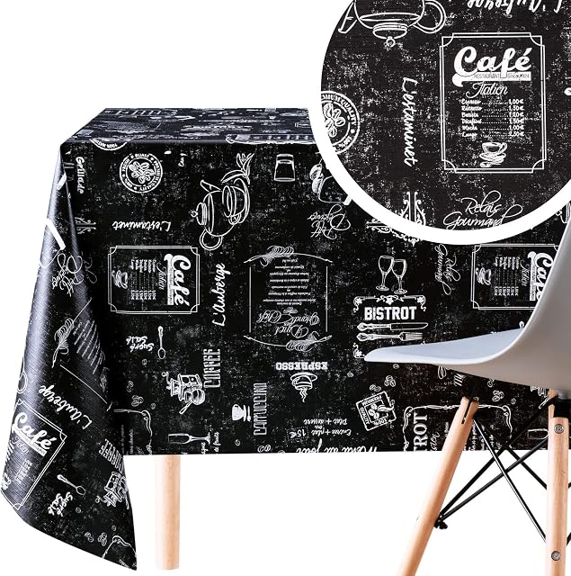 Dark Wipe Clean Pattern Tablecloth Coffee Shop Chalk Pattern - Rectangle 200x140cm | 78x55in For Rectangular Tables Up To 6 Seats - Heavy Weight Waterproof Oilcloth PVC Table Cloth Black | White