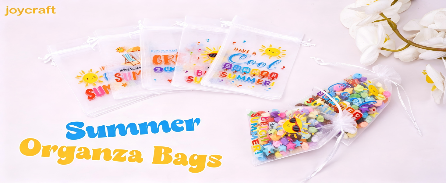 joycraft 30Pcs Summer Organza Bags - 4x6In End of School Year Drastring Gift Bags, 5 Style Have a Bright Summer Party Bags for Vacation, Graduation, Classroom, Office