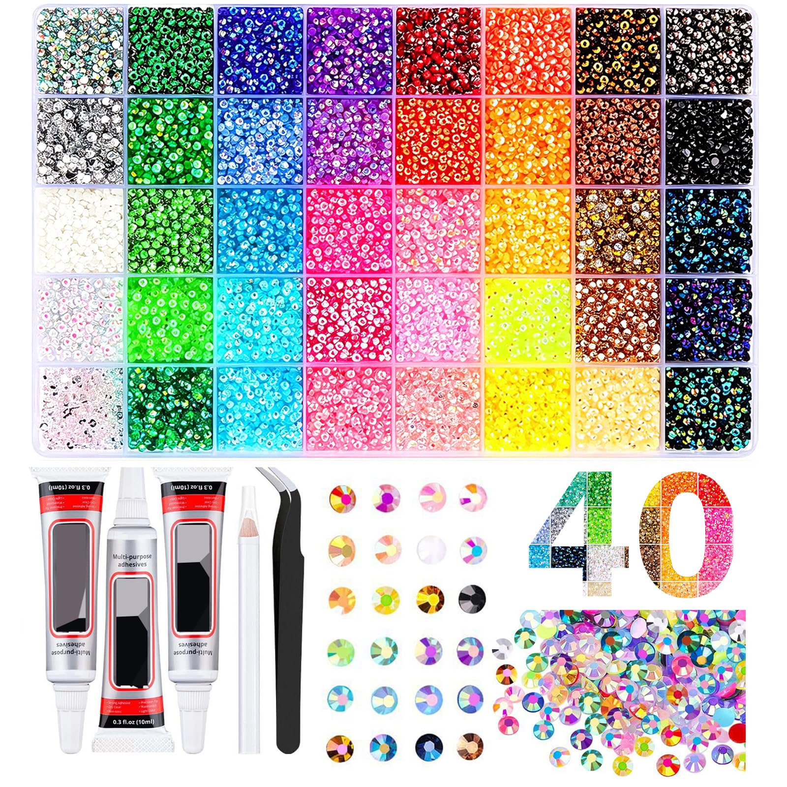 Nlsqw 40 Colors Bedazzling Kit with Glue, 40000 Rhinestones for Bedazzling, Bedazzle Kit Flatback Gems 3mm for DIY Crafts, with 3 PCS Glues, Tweezers & Pen, Rhinestones for Diamond Art, DIY Nails