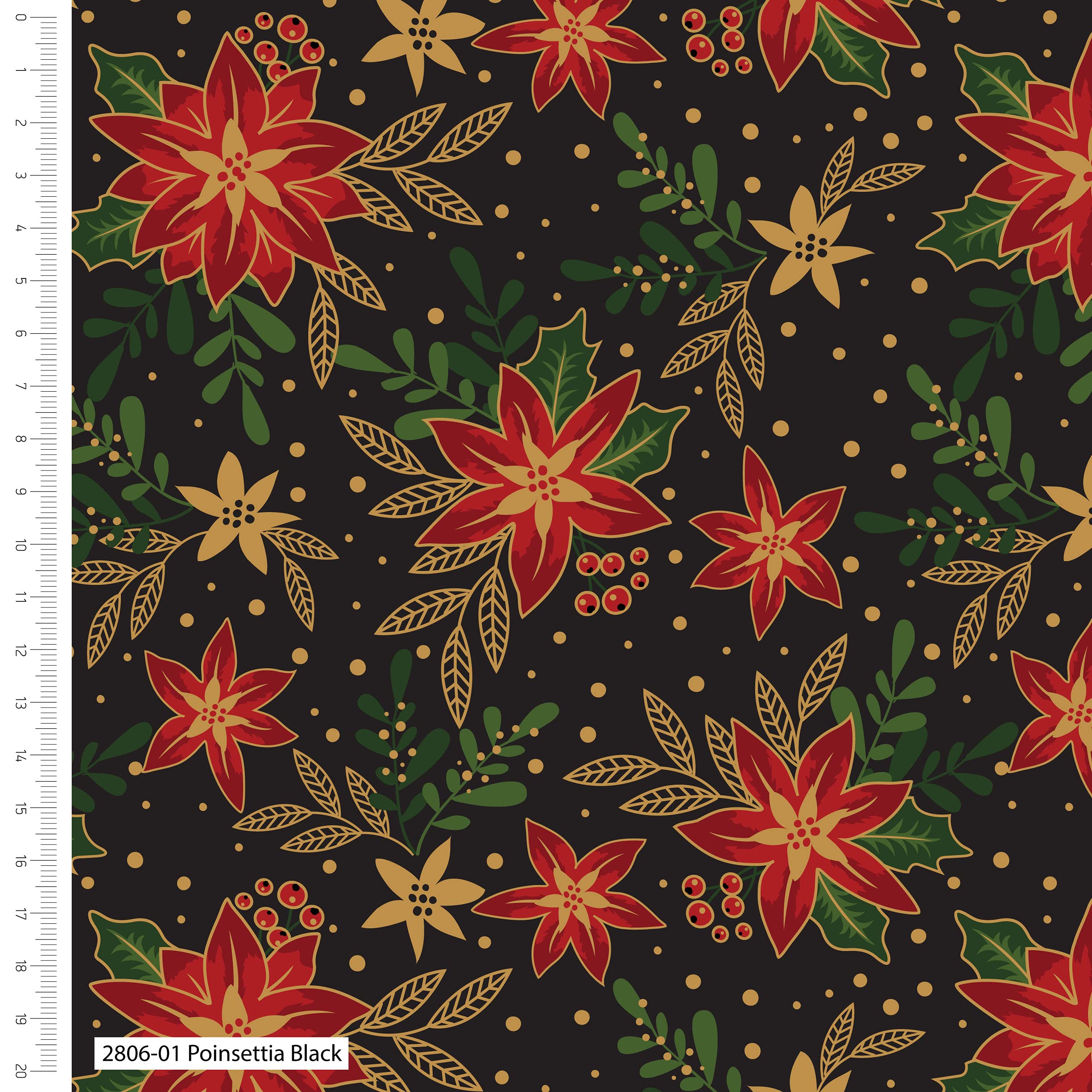CraftsFabrics - Traditional Poinsettia Metallic Christmas Cotton Fabric - 0.5 Metre, 112cm Wide - 100% Cotton Fabric (Ideal for Christmas Dressmaking, Crafts, Quilting, Sewing) (Poinsettia Black)