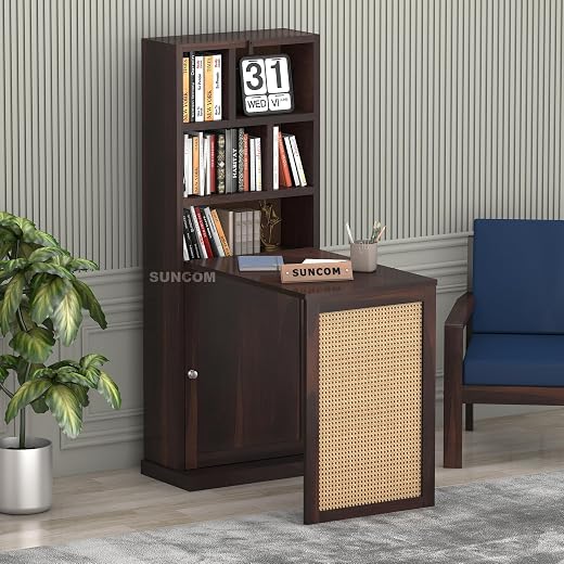 CRAFTONIQ Solid Sheesham Wood Foldable Study Table with Bookshelf & Storage Cabinet | Rosewood Study Desk for Home & Offic