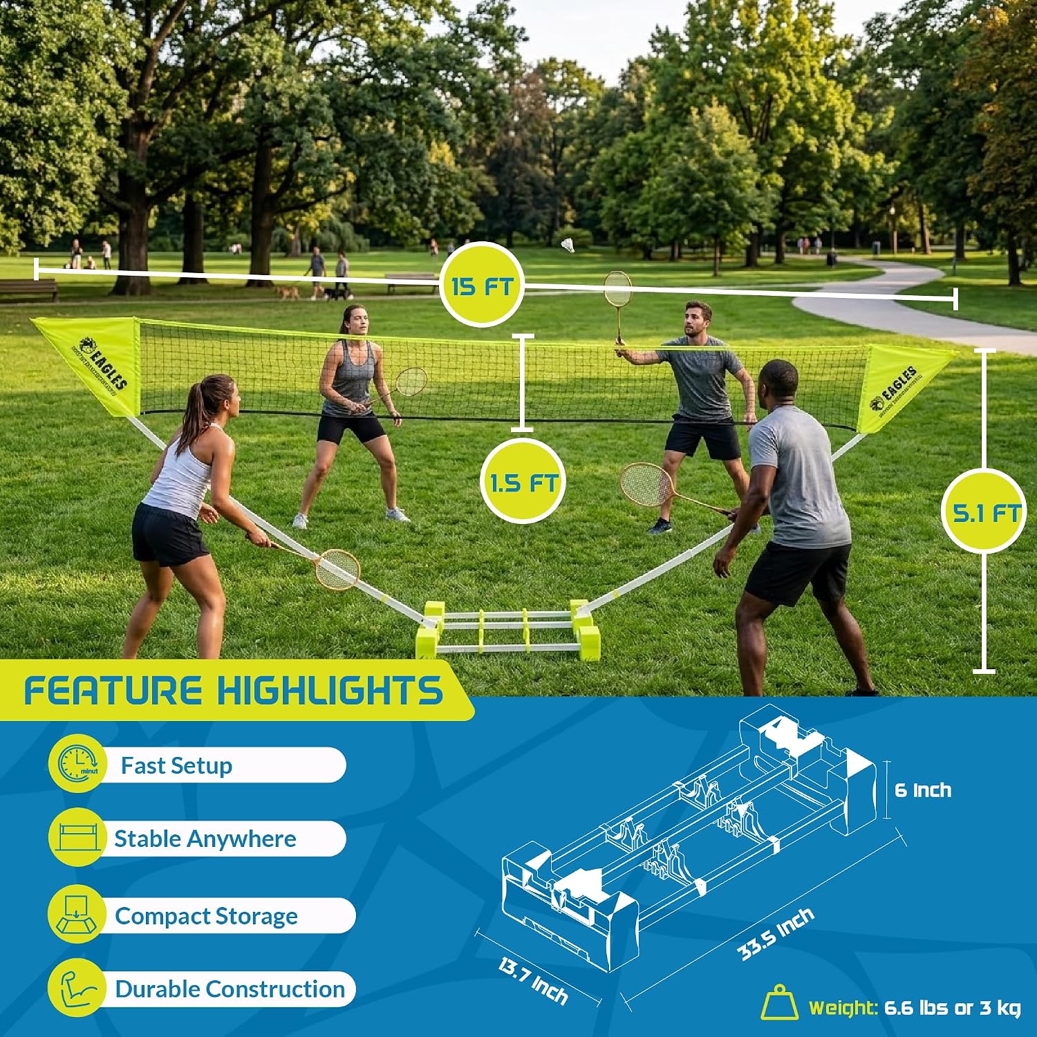 Complete Portable Badminton Set - Quick & Easy Setup - 4 Rackets 2 Birdies Shuttlecock 1 Net & Badmington Pole Frame for Backyard Park & Beach Games Indoor Outdoor