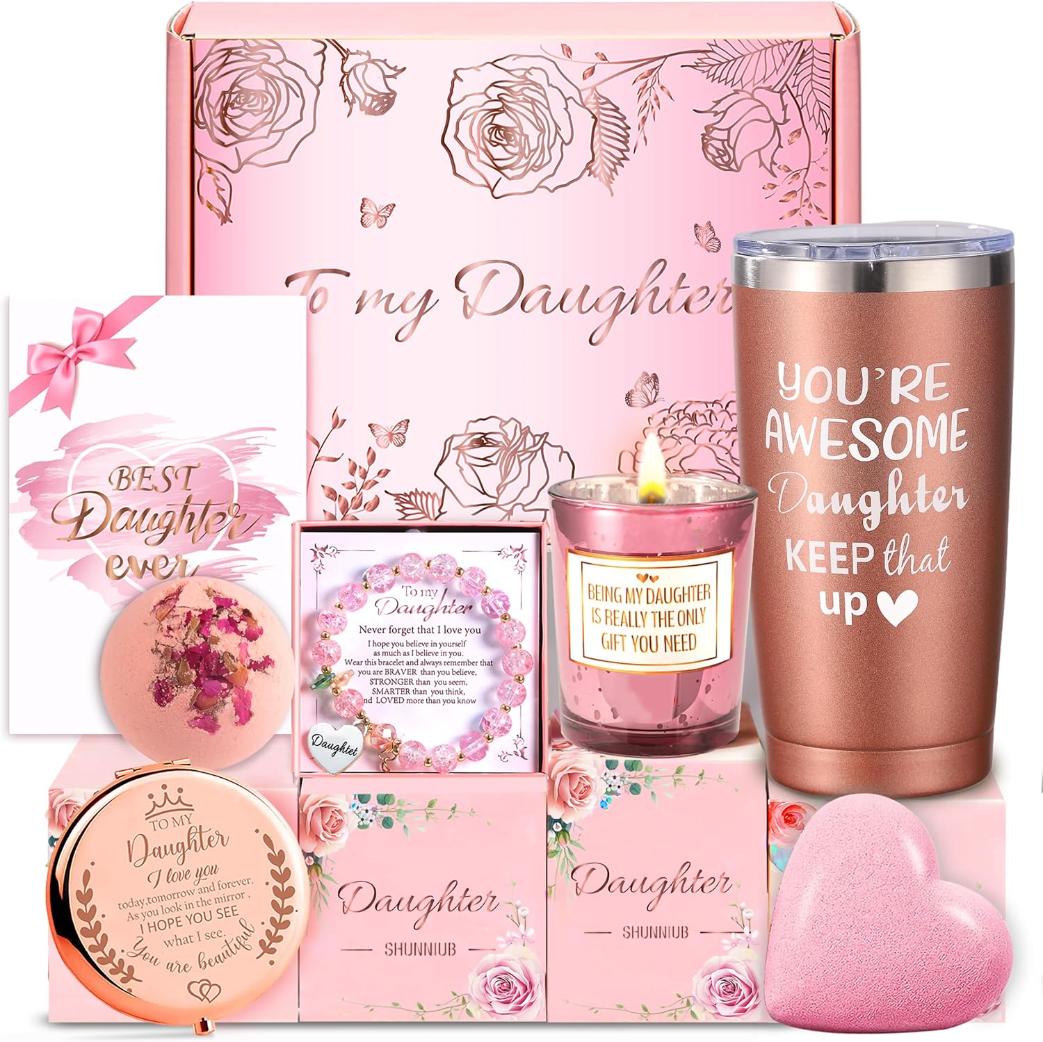 Daughter Gifts from Mom, Show Your Sincere Love and Care to Your Daughter on Mother's Day, Birthday or Wedding, Rose-Themed Gift Set with Tumbler, Bracelet, Bath Bombs, Soap & Card